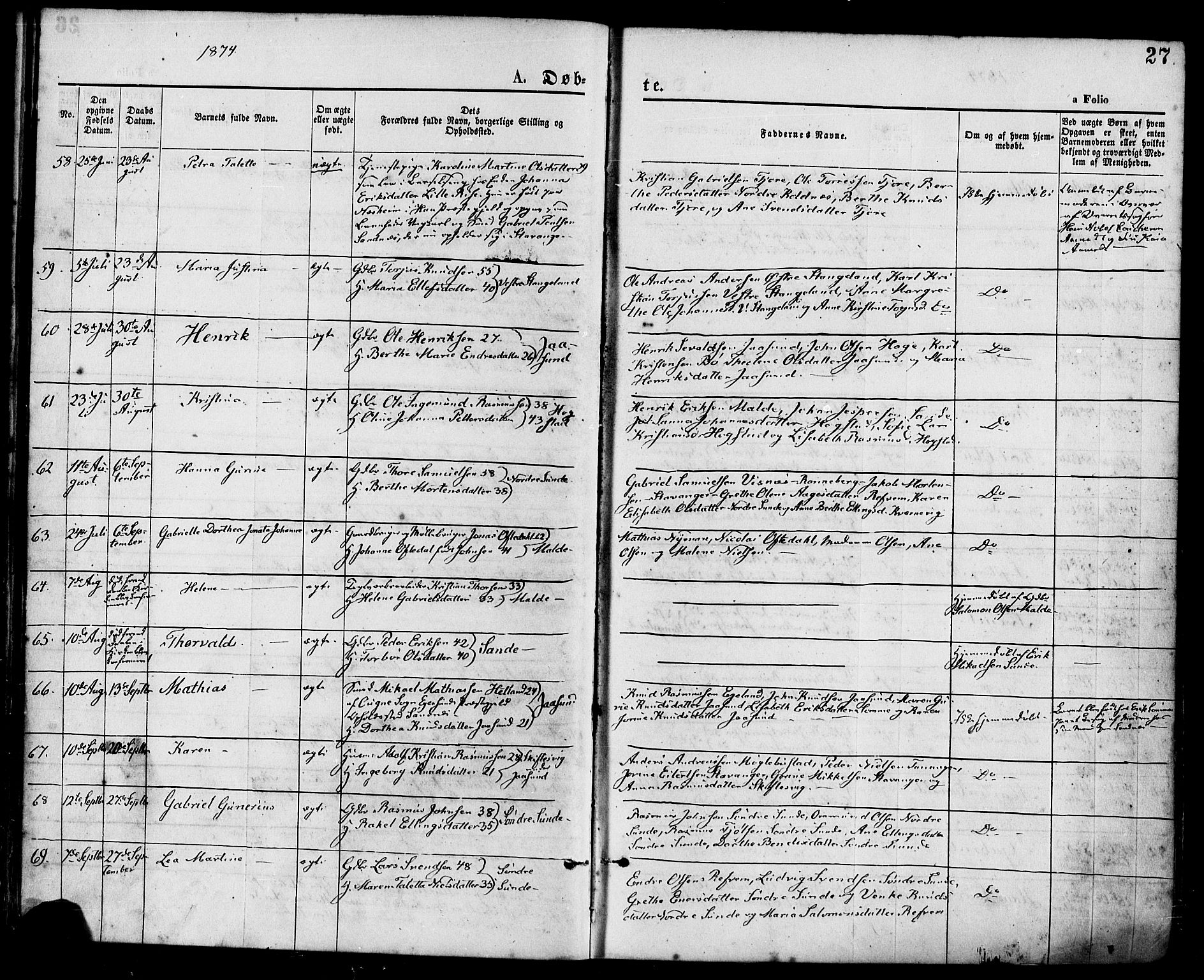 Håland sokneprestkontor, AV/SAST-A-101802/001/30BA/L0009: Ministerialbok nr. A 8, 1871-1882, s. 27