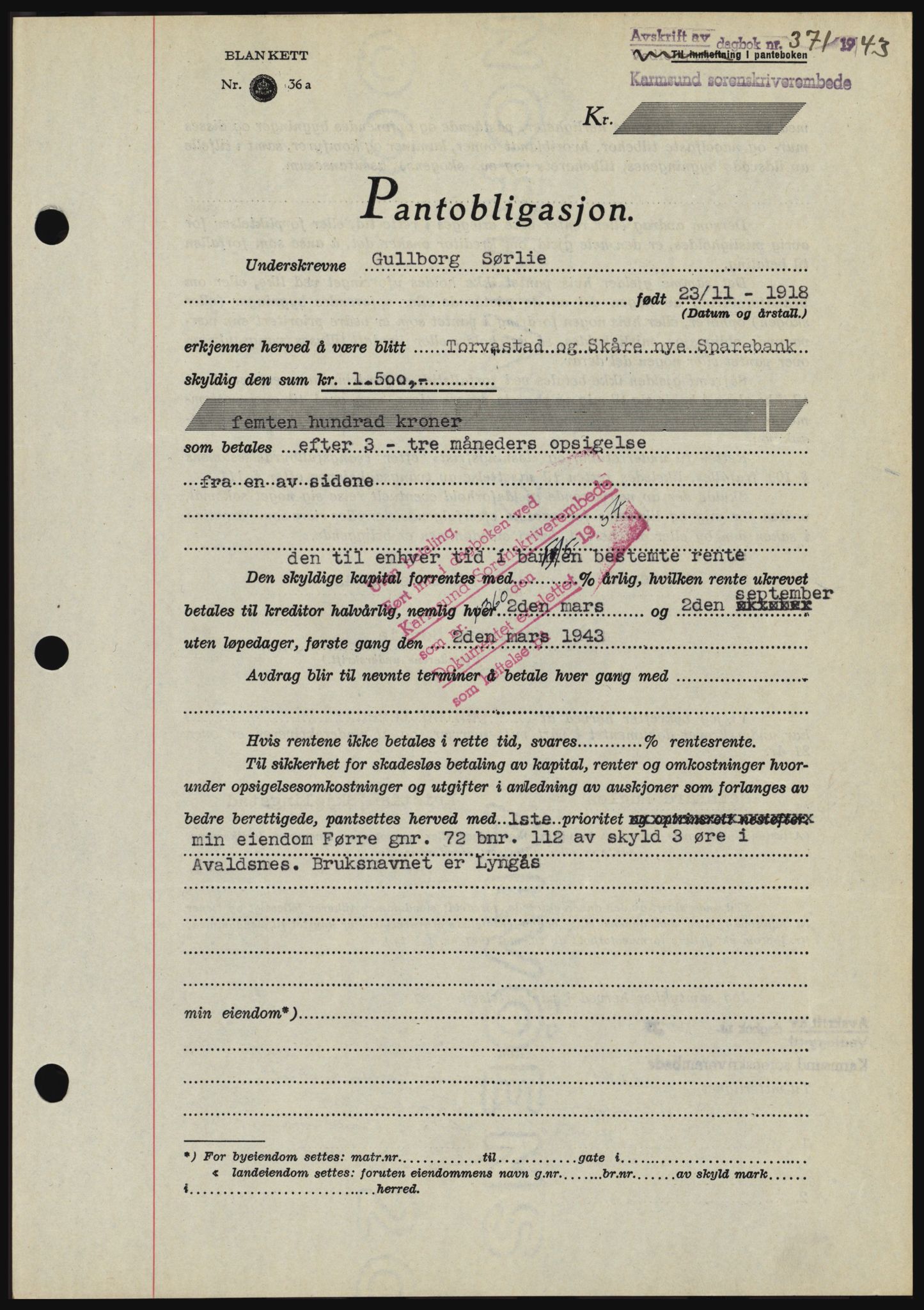 Karmsund sorenskriveri, SAST/A-100311/01/II/IIBBE/L0008: Pantebok nr. B 54, 1942-1943, Dagboknr: 371/1943