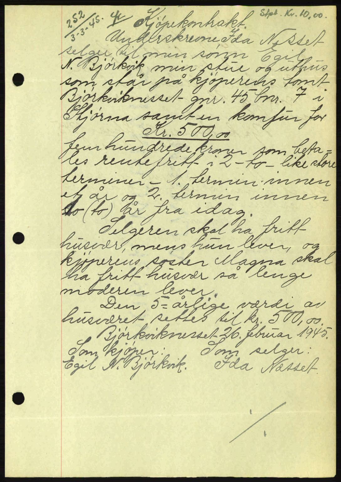 Fosen sorenskriveri, AV/SAT-A-1107/1/2/2C: Pantebok nr. A3, 1943-1945, Dagboknr: 252/1945