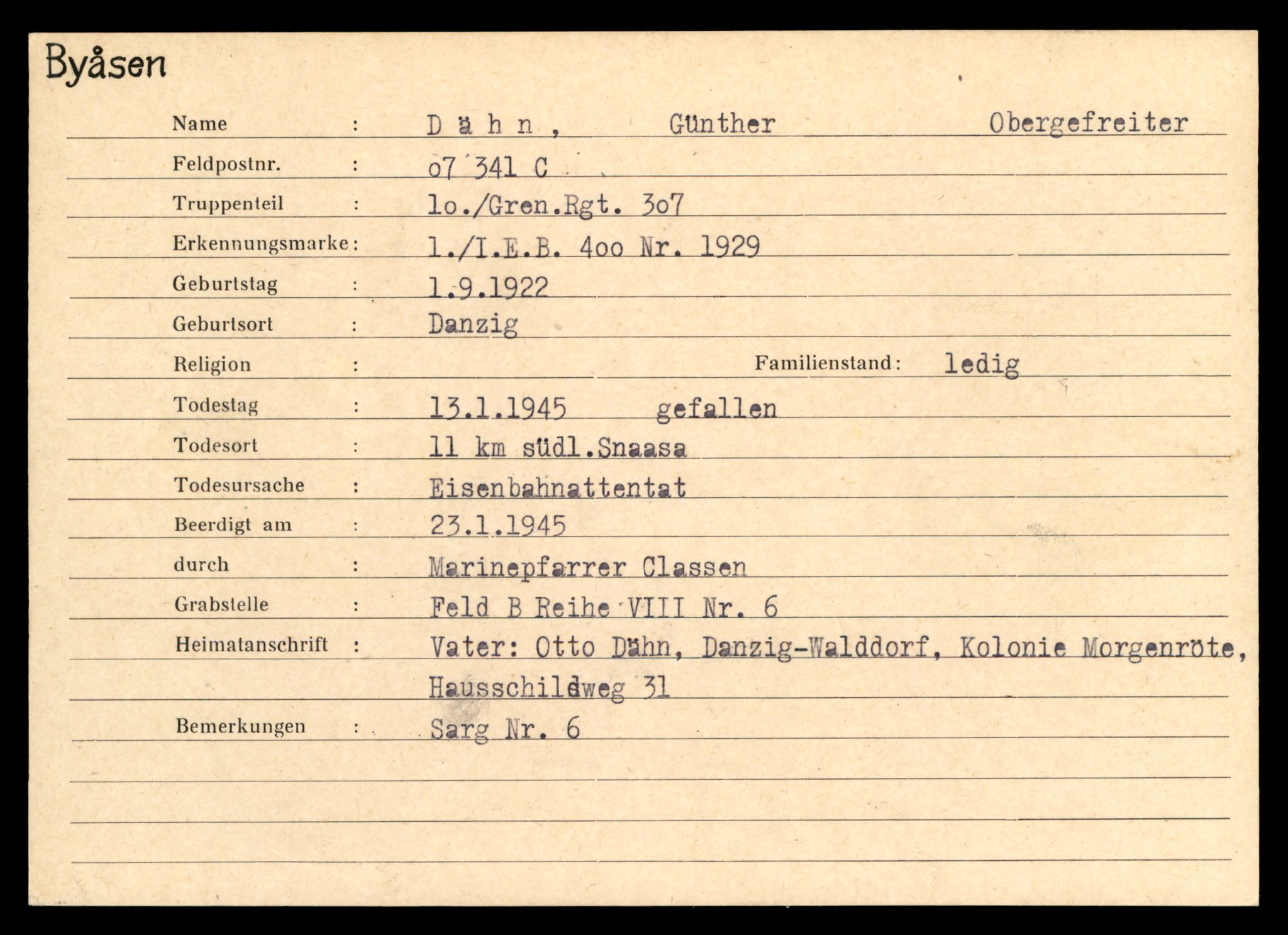 Distriktskontoret for krigsgraver, SAT/A-5030/E/L0004: Kasett/kartotek over tysk Krigskirkegård på Byåsen, 1945, s. 261