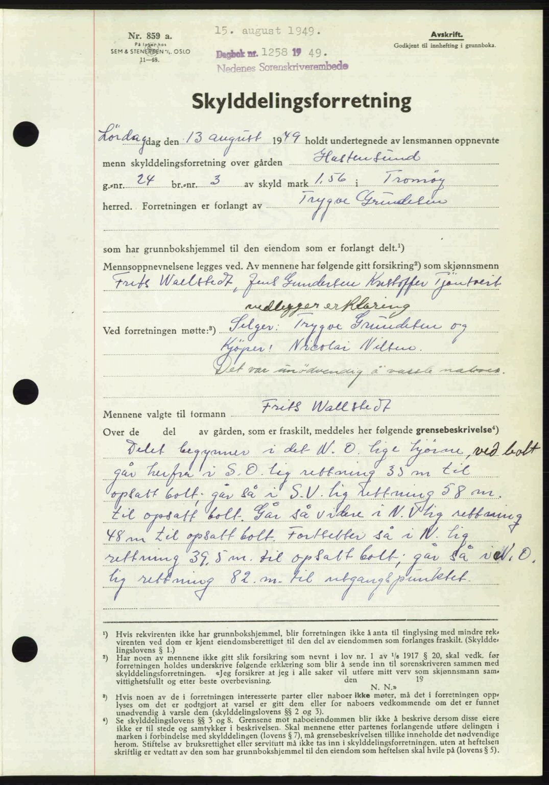 Nedenes sorenskriveri, AV/SAK-1221-0006/G/Gb/Gba/L0061: Pantebok nr. A13, 1949-1949, Dagboknr: 1258/1949