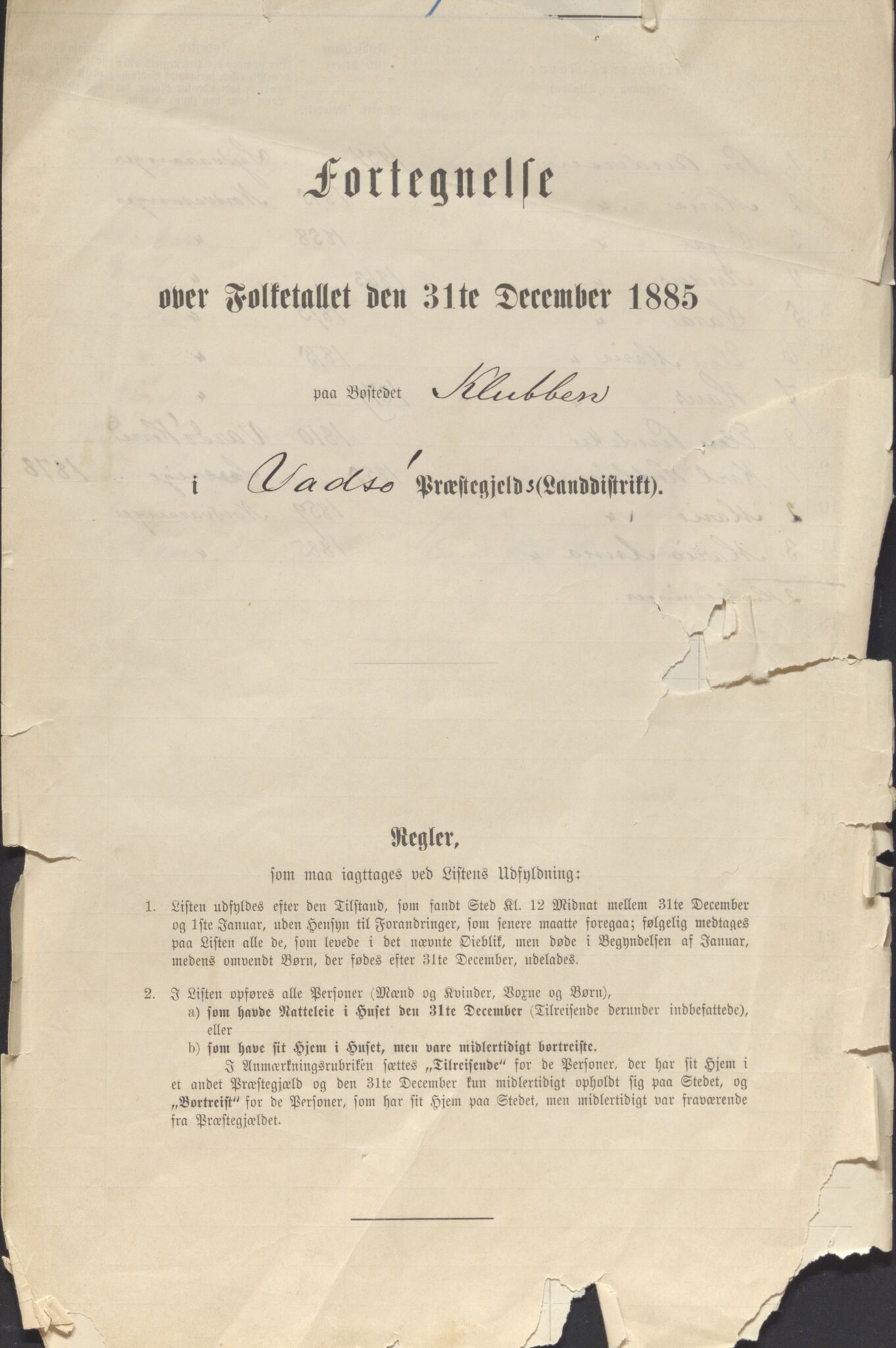 SATØ, Folketelling 1885 for 2029 Vadsø landsogn, 1885, s. 1a