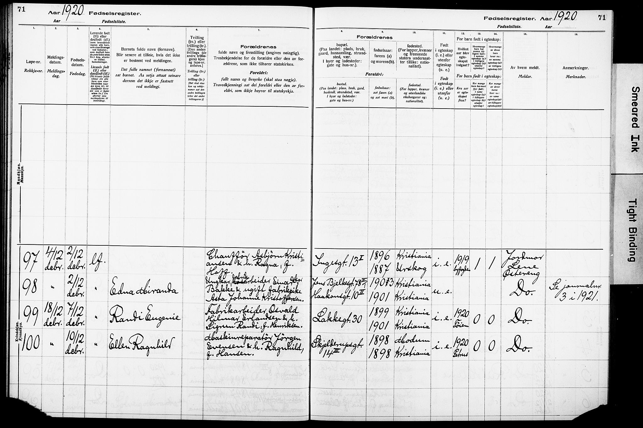 Krohgstøtten sykehusprest Kirkebøker, AV/SAO-A-10854/J/Ja/L0001: Fødselsregister nr. 1, 1917-1928, s. 71