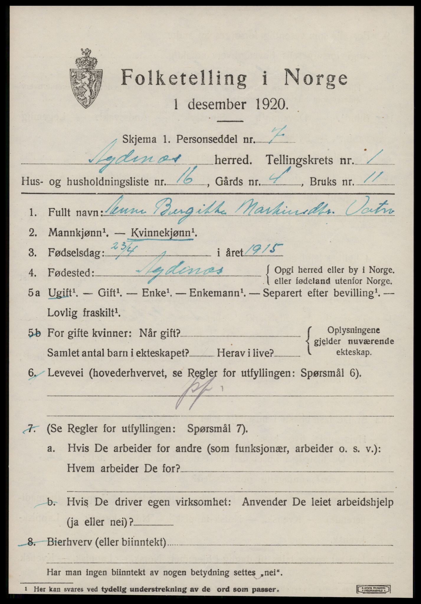 SAT, Folketelling 1920 for 1622 Agdenes herred, 1920, s. 697