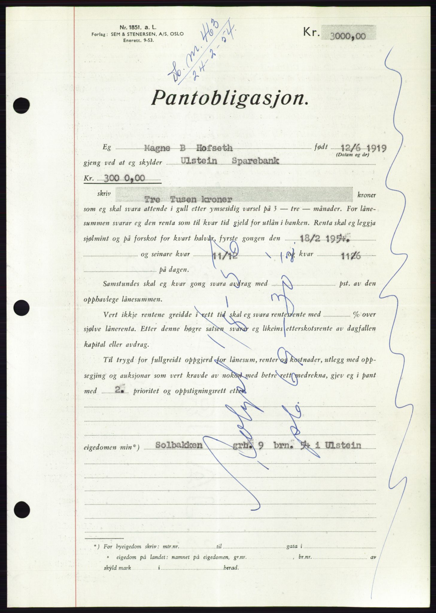 Søre Sunnmøre sorenskriveri, AV/SAT-A-4122/1/2/2C/L0124: Pantebok nr. 12B, 1953-1954, Dagboknr: 463/1954