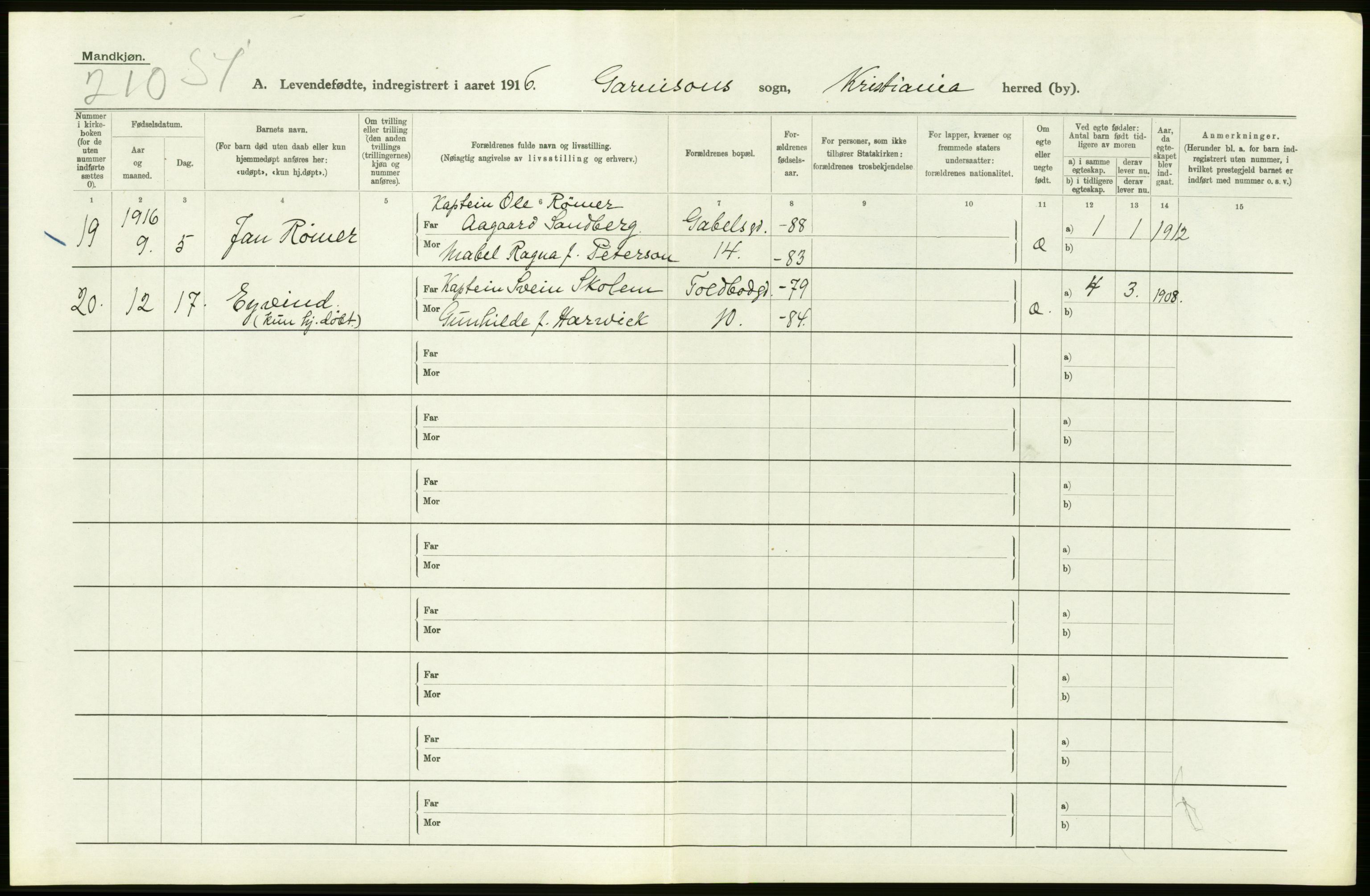 Statistisk sentralbyrå, Sosiodemografiske emner, Befolkning, AV/RA-S-2228/D/Df/Dfb/Dfbf/L0007: Kristiania: Levendefødte menn og kvinner., 1916, s. 466