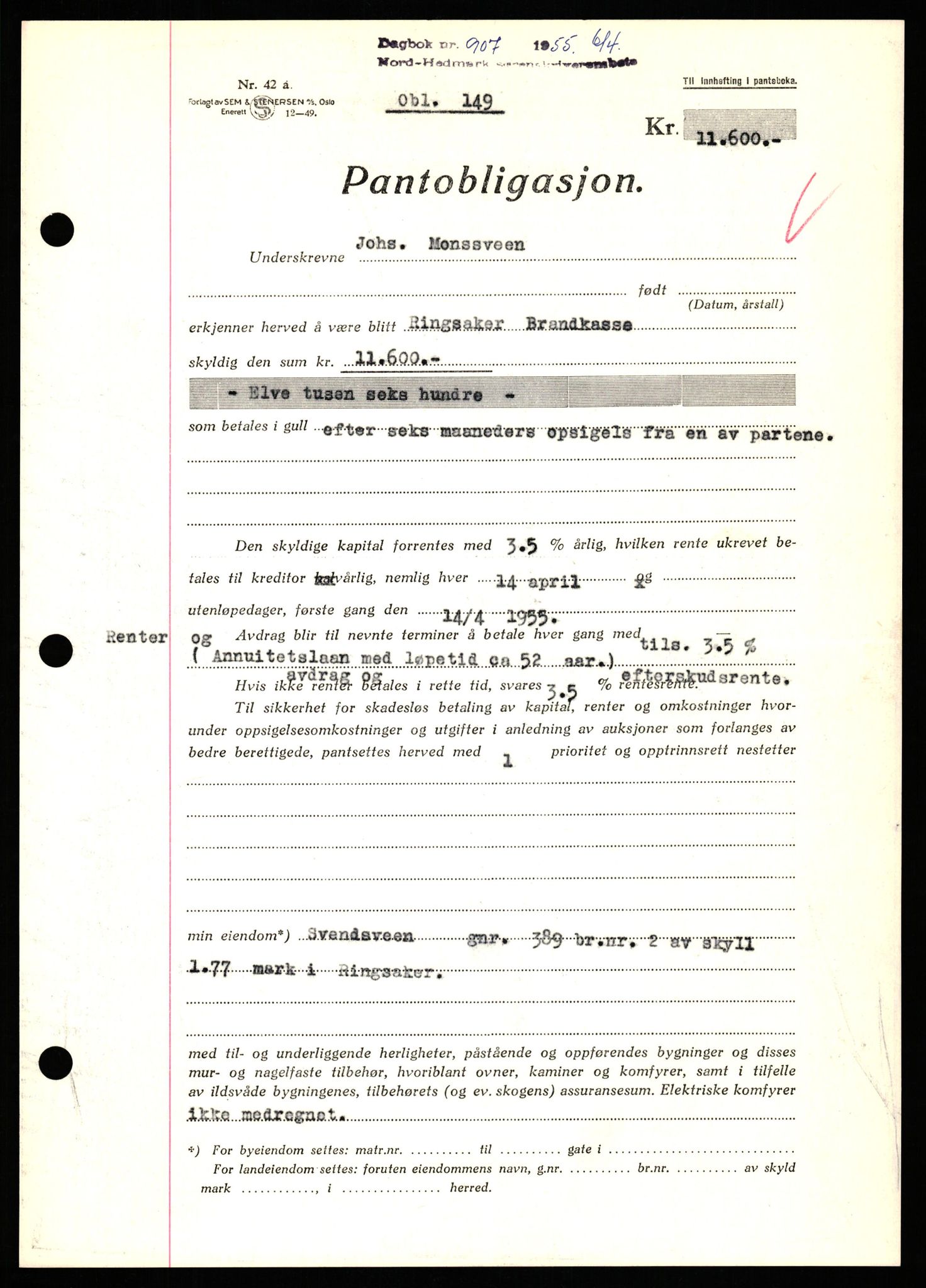 Nord-Hedmark sorenskriveri, SAH/TING-012/H/Hb/Hbf/L0032: Pantebok nr. B32, 1955-1955, Dagboknr: 907/1952