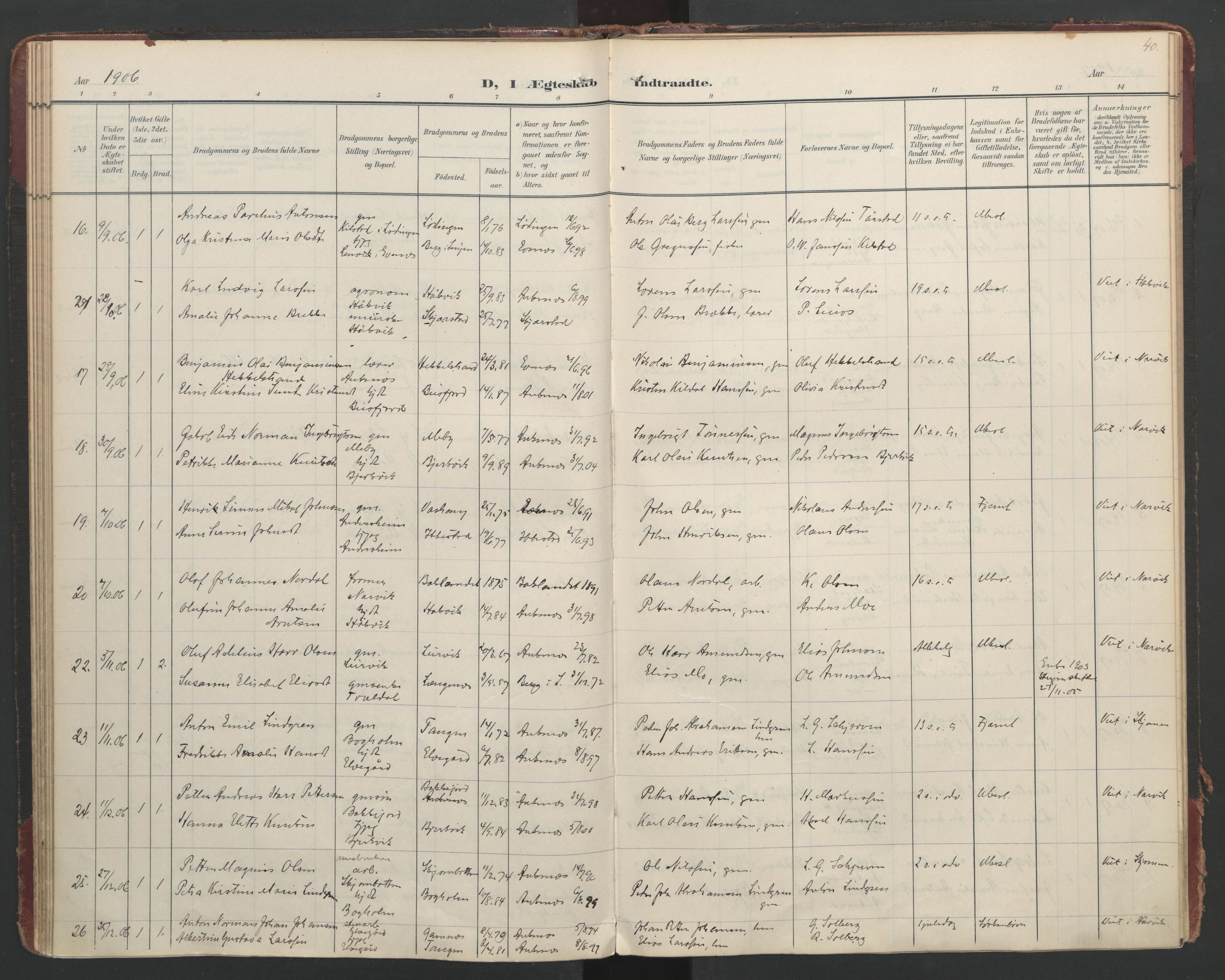 Ministerialprotokoller, klokkerbøker og fødselsregistre - Nordland, SAT/A-1459/866/L0942: Ministerialbok nr. 866A05, 1901-1928, s. 40