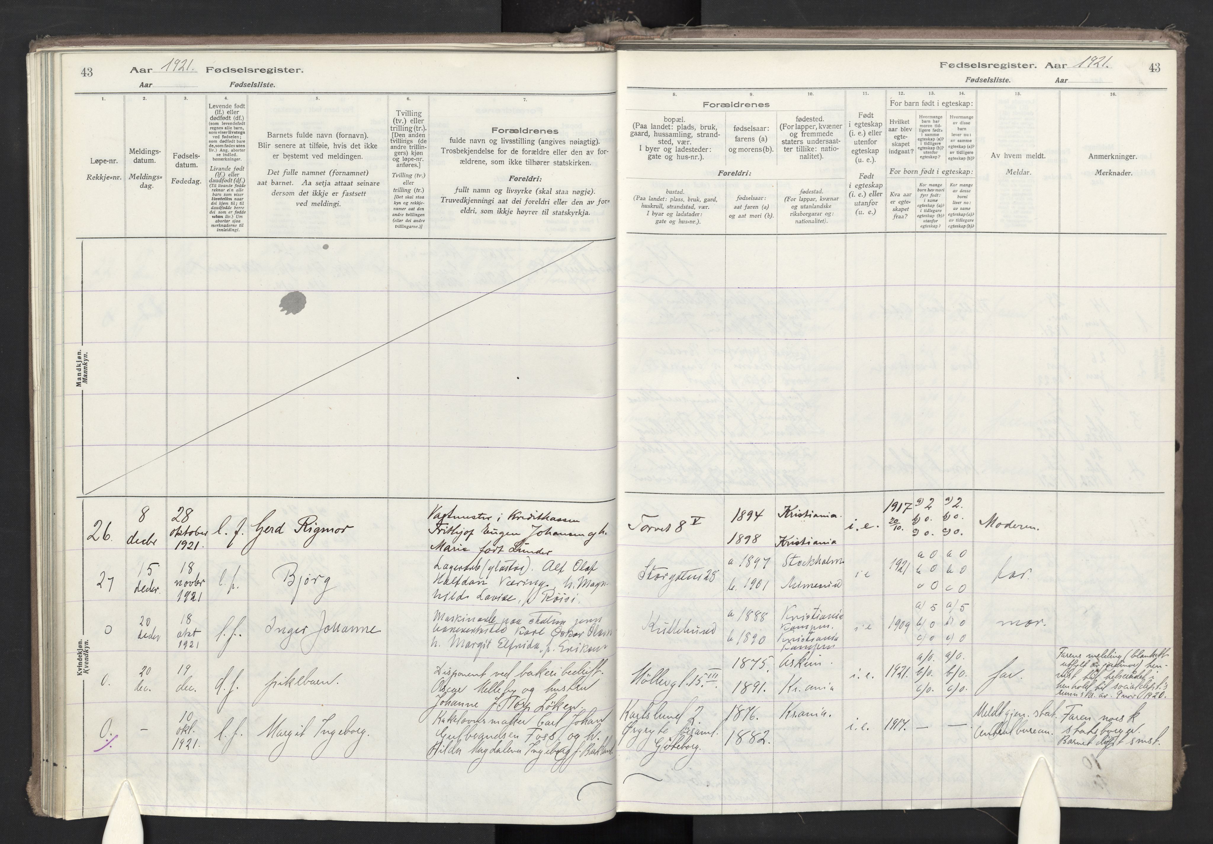 Oslo domkirke Kirkebøker, AV/SAO-A-10752/J/Ja/L0001: Fødselsregister nr. 1, 1916-1941, s. 43