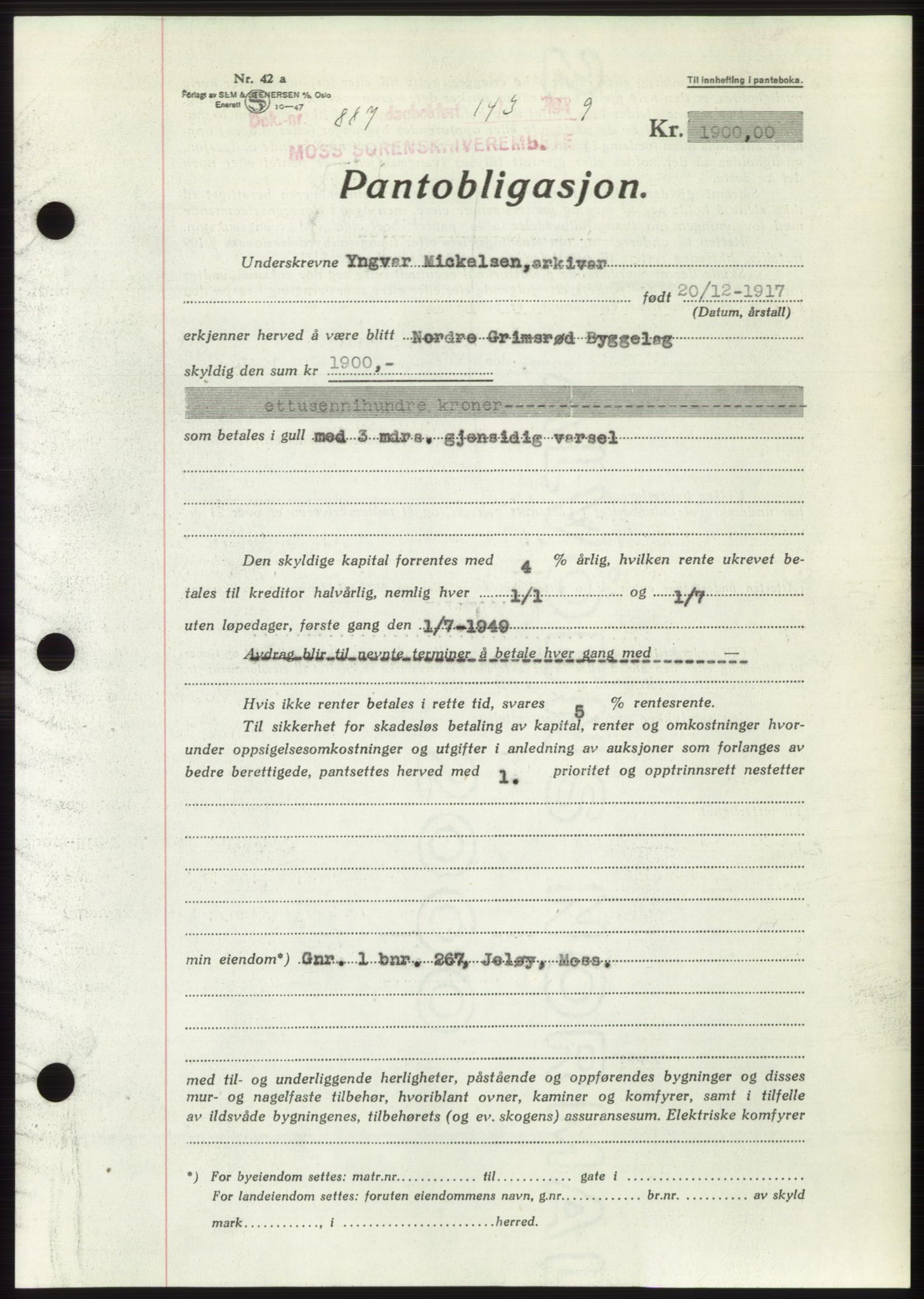 Moss sorenskriveri, SAO/A-10168: Pantebok nr. B21, 1949-1949, Dagboknr: 887/1949