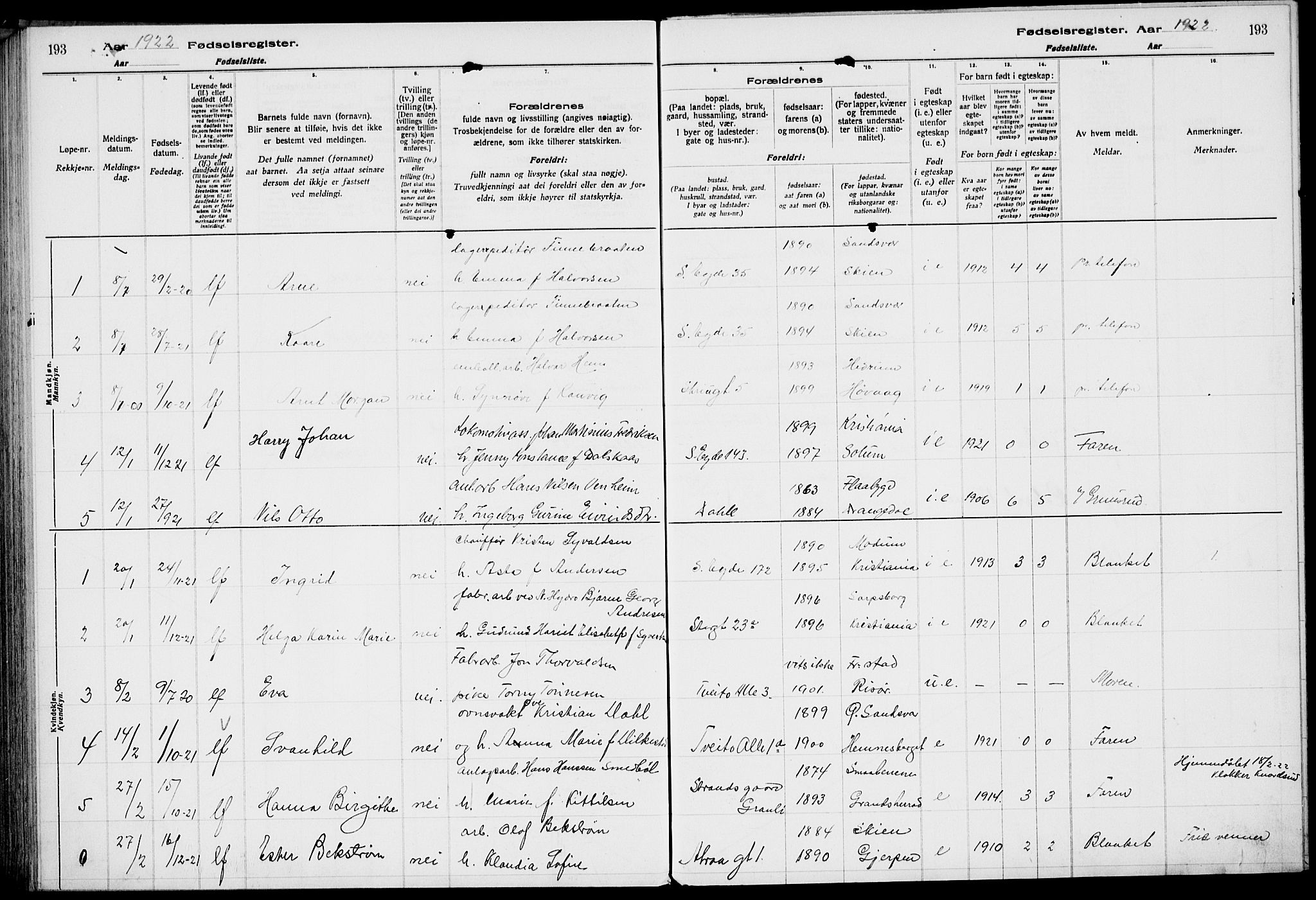 Rjukan kirkebøker, AV/SAKO-A-294/J/Ja/L0001: Fødselsregister nr. 1, 1916-1922, s. 193