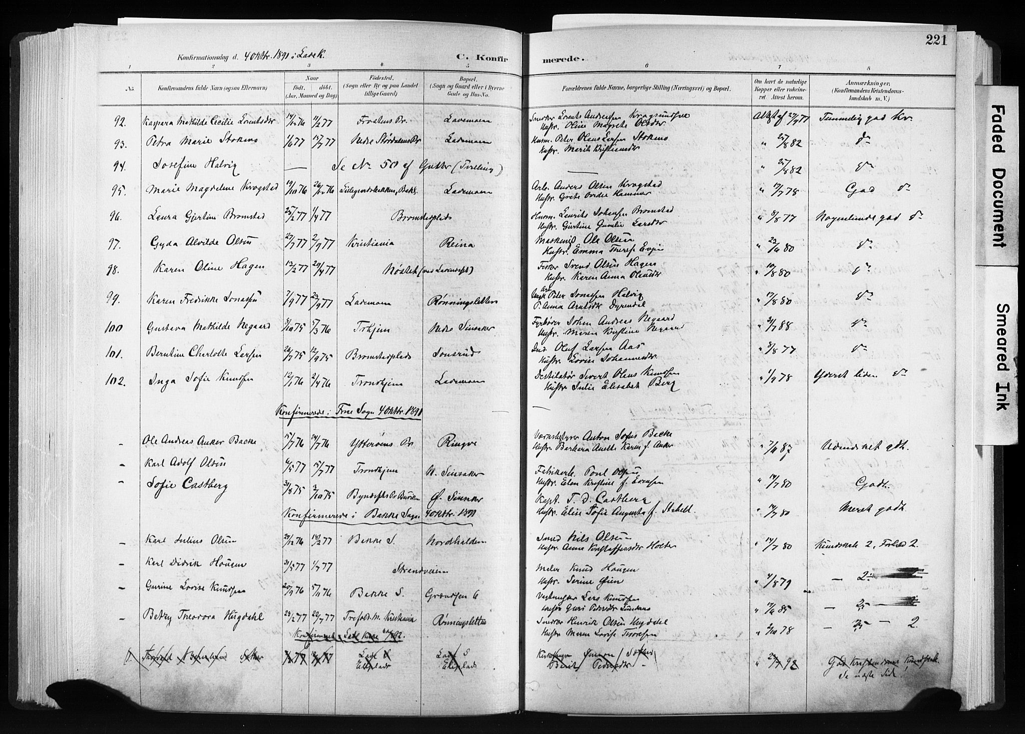 Ministerialprotokoller, klokkerbøker og fødselsregistre - Sør-Trøndelag, SAT/A-1456/606/L0300: Ministerialbok nr. 606A15, 1886-1893, s. 221