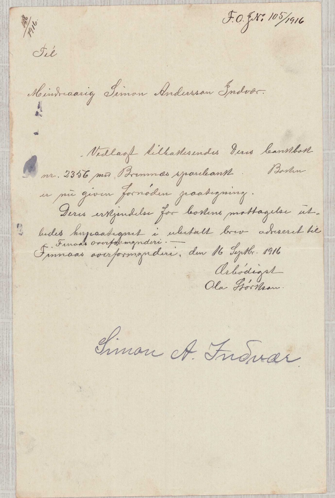 Finnaas kommune. Overformynderiet, IKAH/1218a-812/D/Da/Daa/L0003/0001: Kronologisk ordna korrespondanse / Kronologisk ordna korrespondanse, 1914-1916, s. 126