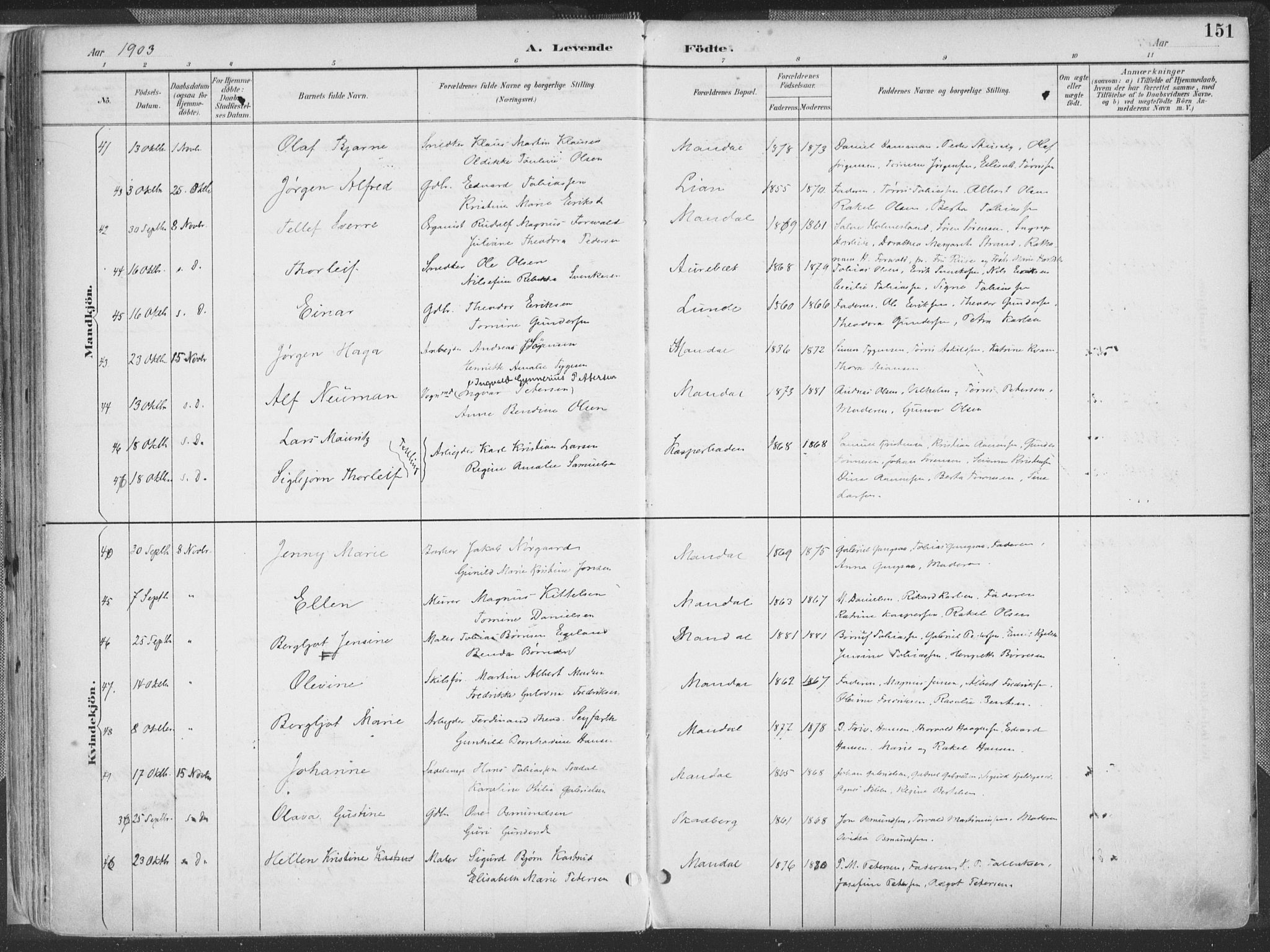 Mandal sokneprestkontor, SAK/1111-0030/F/Fa/Faa/L0018: Ministerialbok nr. A 18, 1890-1905, s. 151