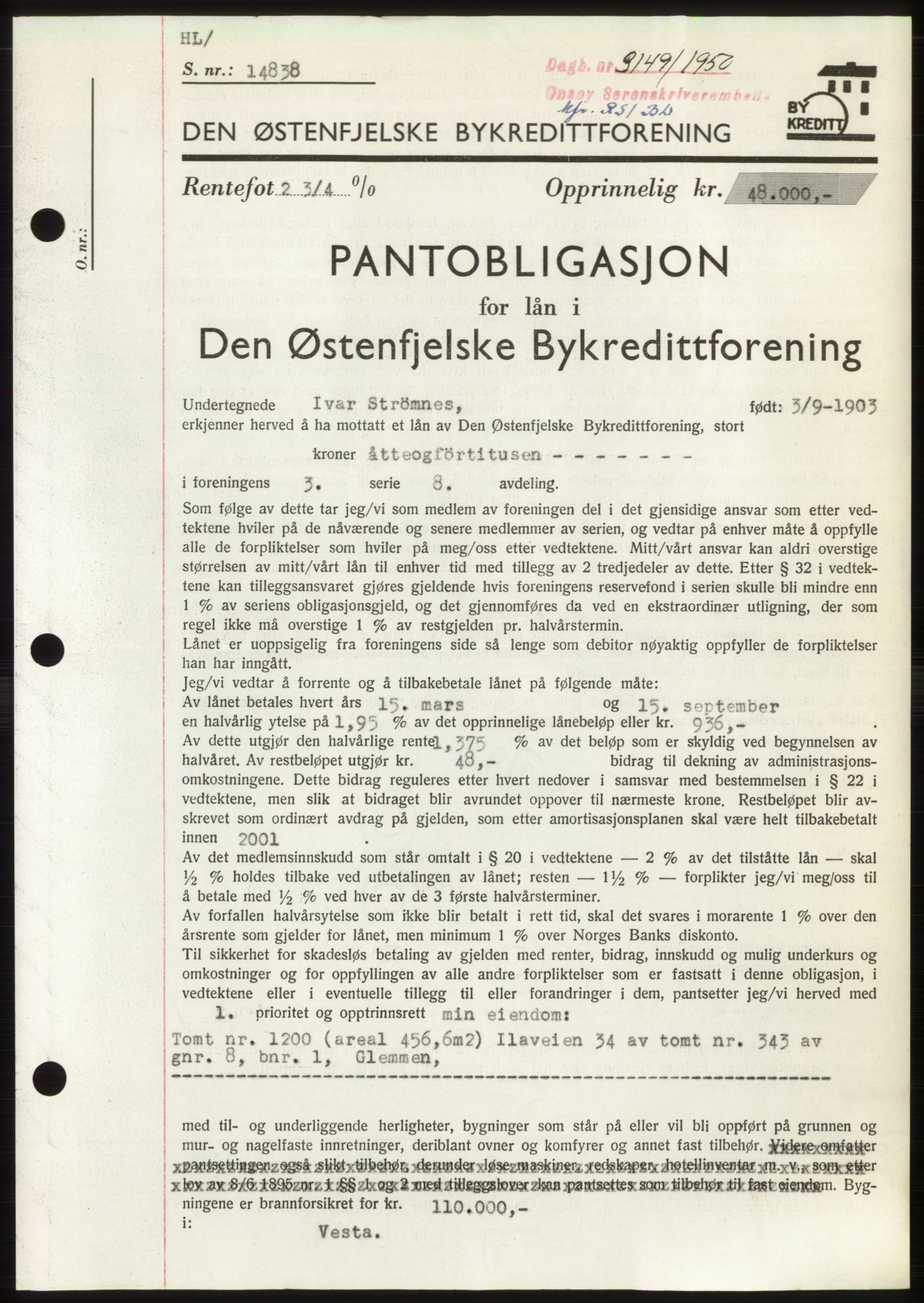 Onsøy sorenskriveri, SAO/A-10474/G/Ga/Gac/L0010: Pantebok nr. B 18-10, 1950-1950, Dagboknr: 3149/1950