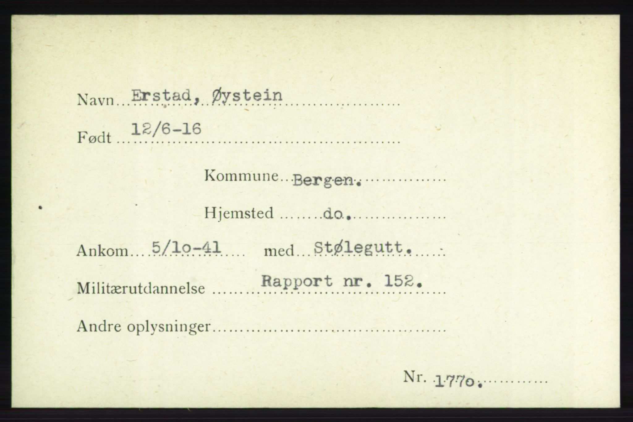 Forsvarets Overkommando. 2. kontor. Arkiv 8.1. Mottakersentralen FDE og FO.II, RA/RAFA-6952/P/Pa/L0005b: Eriksen - Fjellvang, 1940-1945, s. 122