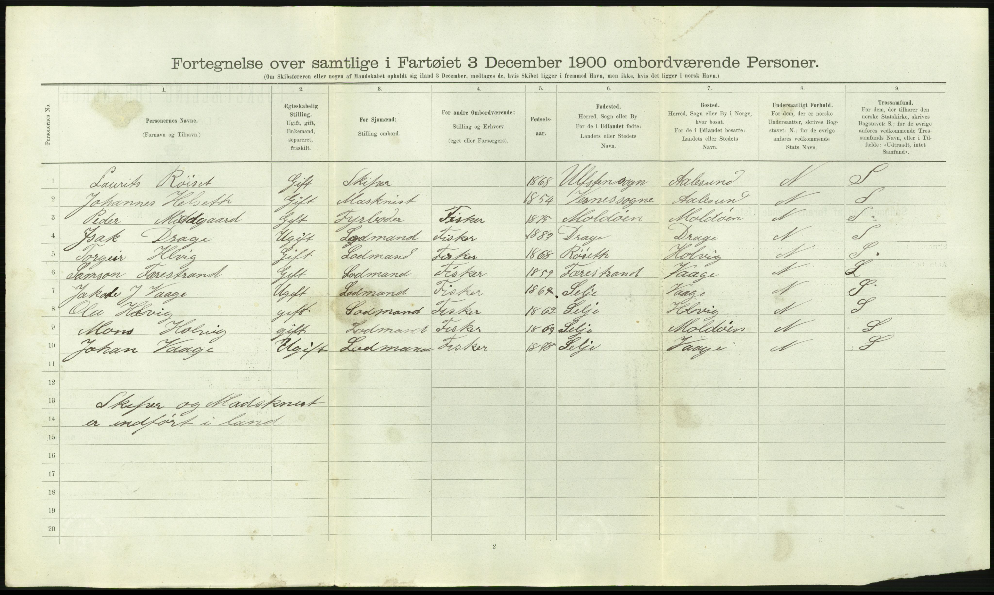 RA, Folketelling 1900 - skipslister med personlister for skip i norske havner, utenlandske havner og til havs, 1900, s. 1602