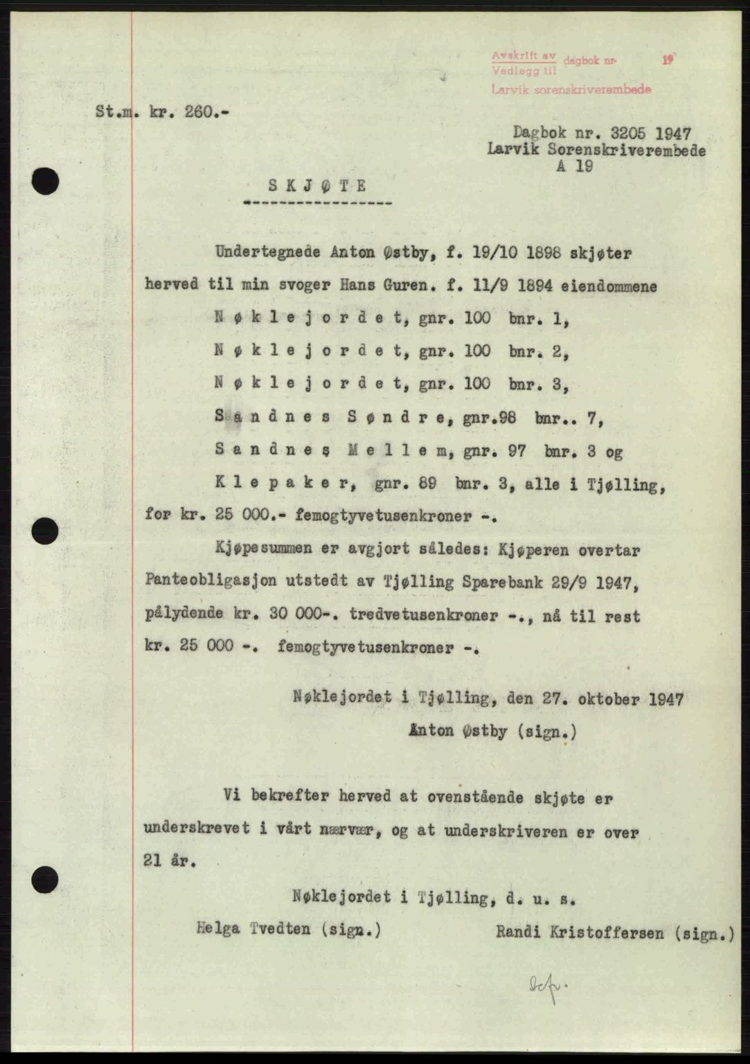 Larvik sorenskriveri, SAKO/A-83/G/Ga/Gab/L0085: Pantebok nr. A-19, 1947-1948, Dagboknr: 3205/1947