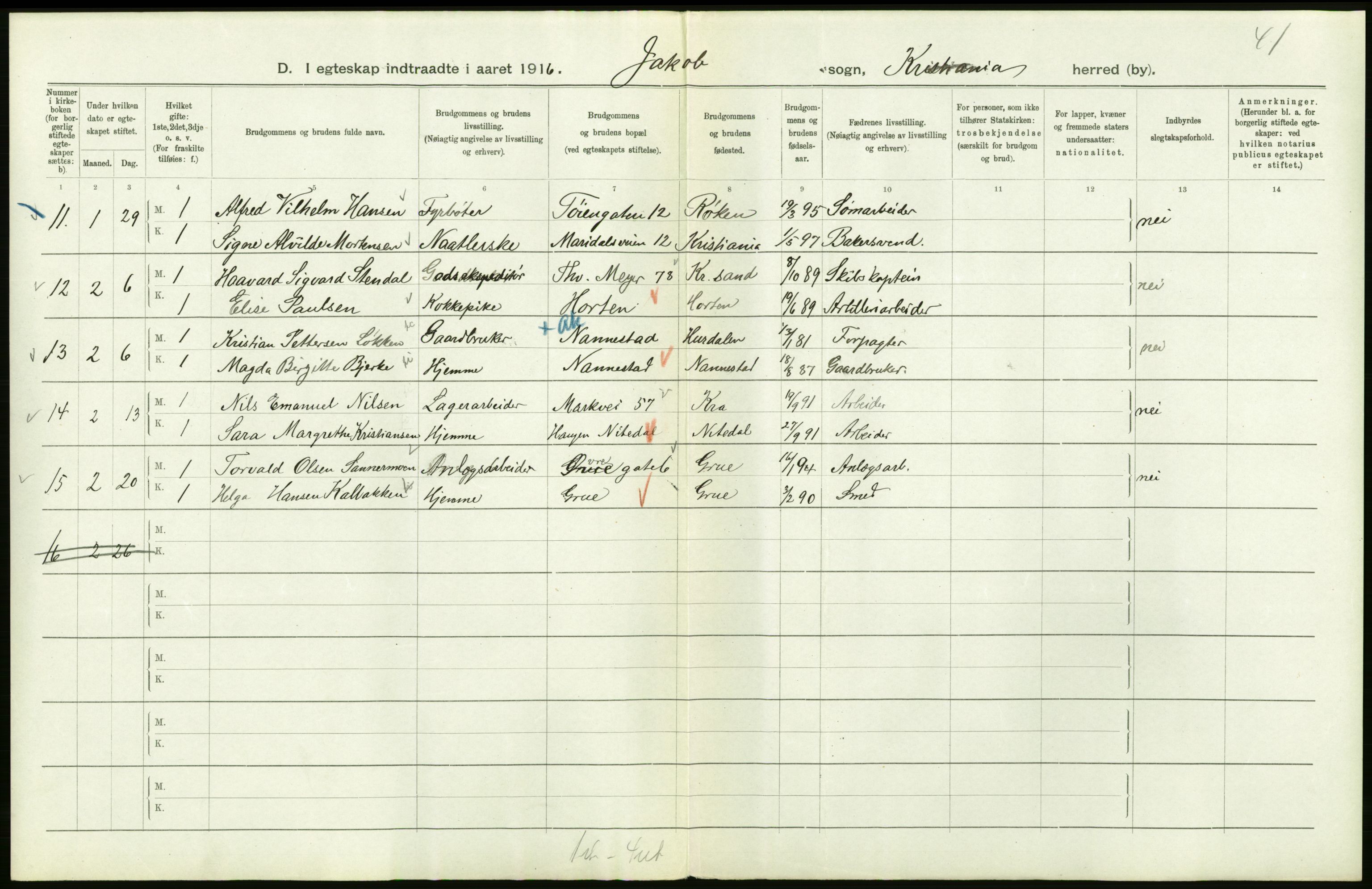 Statistisk sentralbyrå, Sosiodemografiske emner, Befolkning, RA/S-2228/D/Df/Dfb/Dfbf/L0008: Kristiania: Gifte, 1916, s. 612