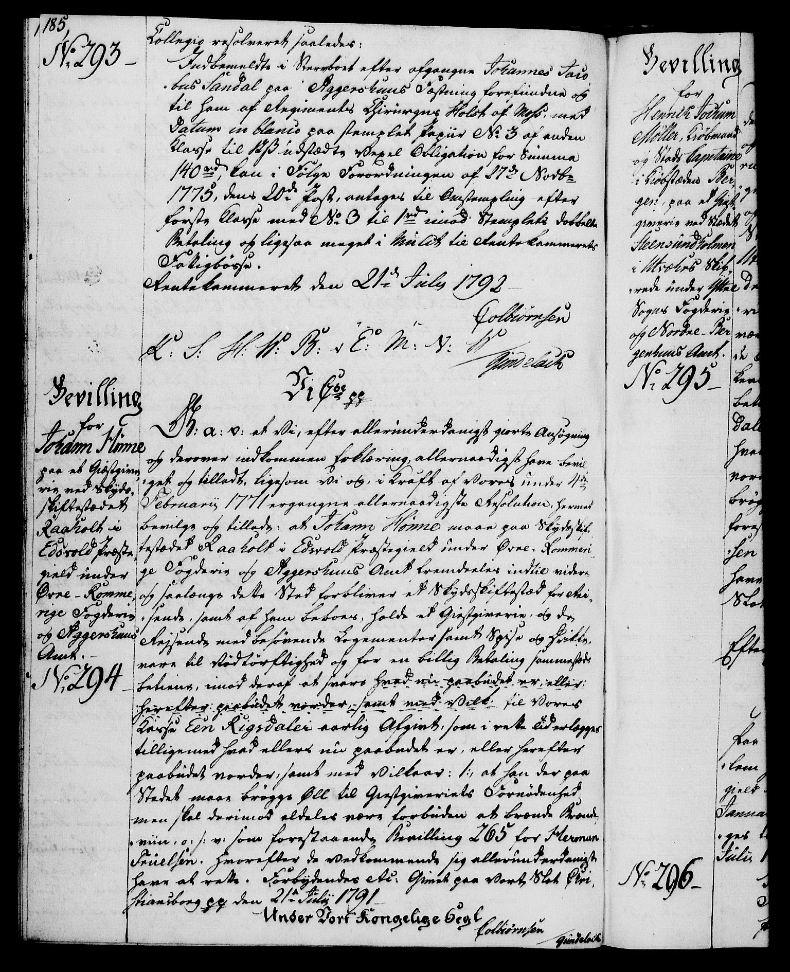 Rentekammeret, Kammerkanselliet, RA/EA-3111/G/Gg/Gga/L0015: Norsk ekspedisjonsprotokoll med register (merket RK 53.15), 1790-1791, s. 185