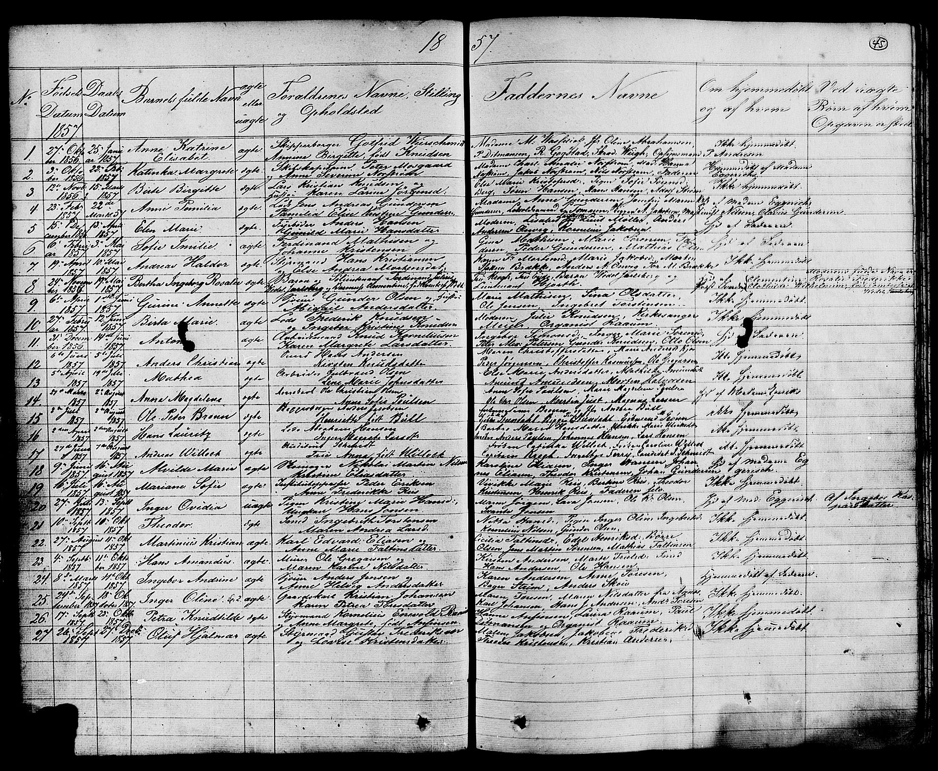 Stavern kirkebøker, AV/SAKO-A-318/G/Ga/L0002: Klokkerbok nr. 2, 1839-1909, s. 45