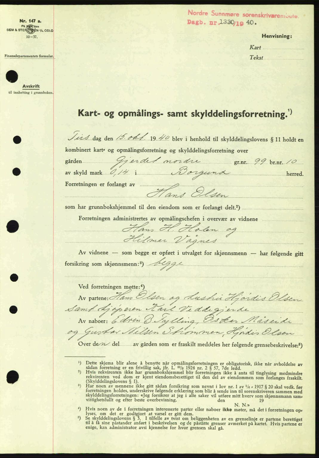 Nordre Sunnmøre sorenskriveri, AV/SAT-A-0006/1/2/2C/2Ca: Pantebok nr. A9, 1940-1940, Dagboknr: 1330/1940