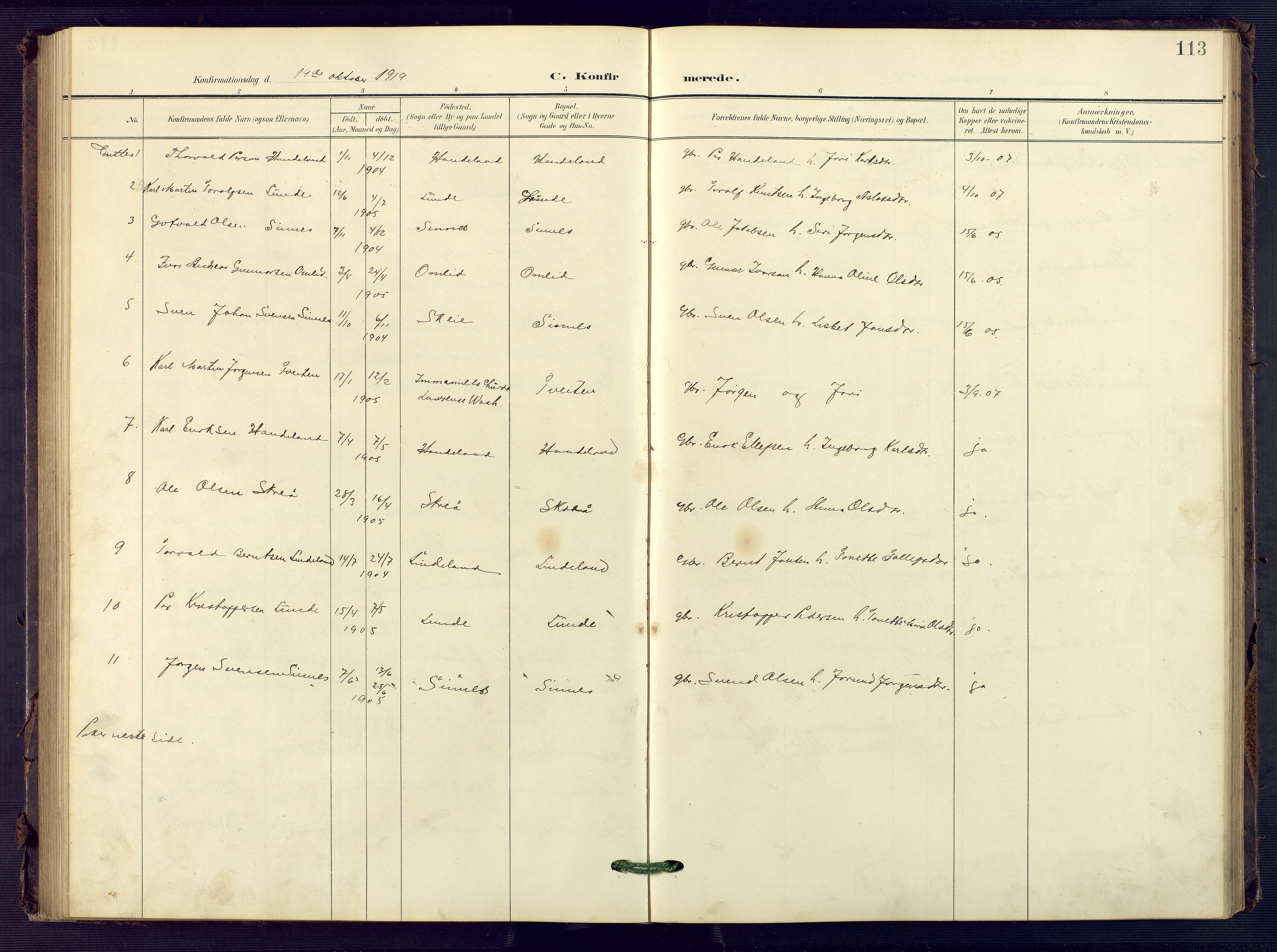 Sirdal sokneprestkontor, SAK/1111-0036/F/Fb/Fba/L0002: Klokkerbok nr. B 2, 1905-1958, s. 113