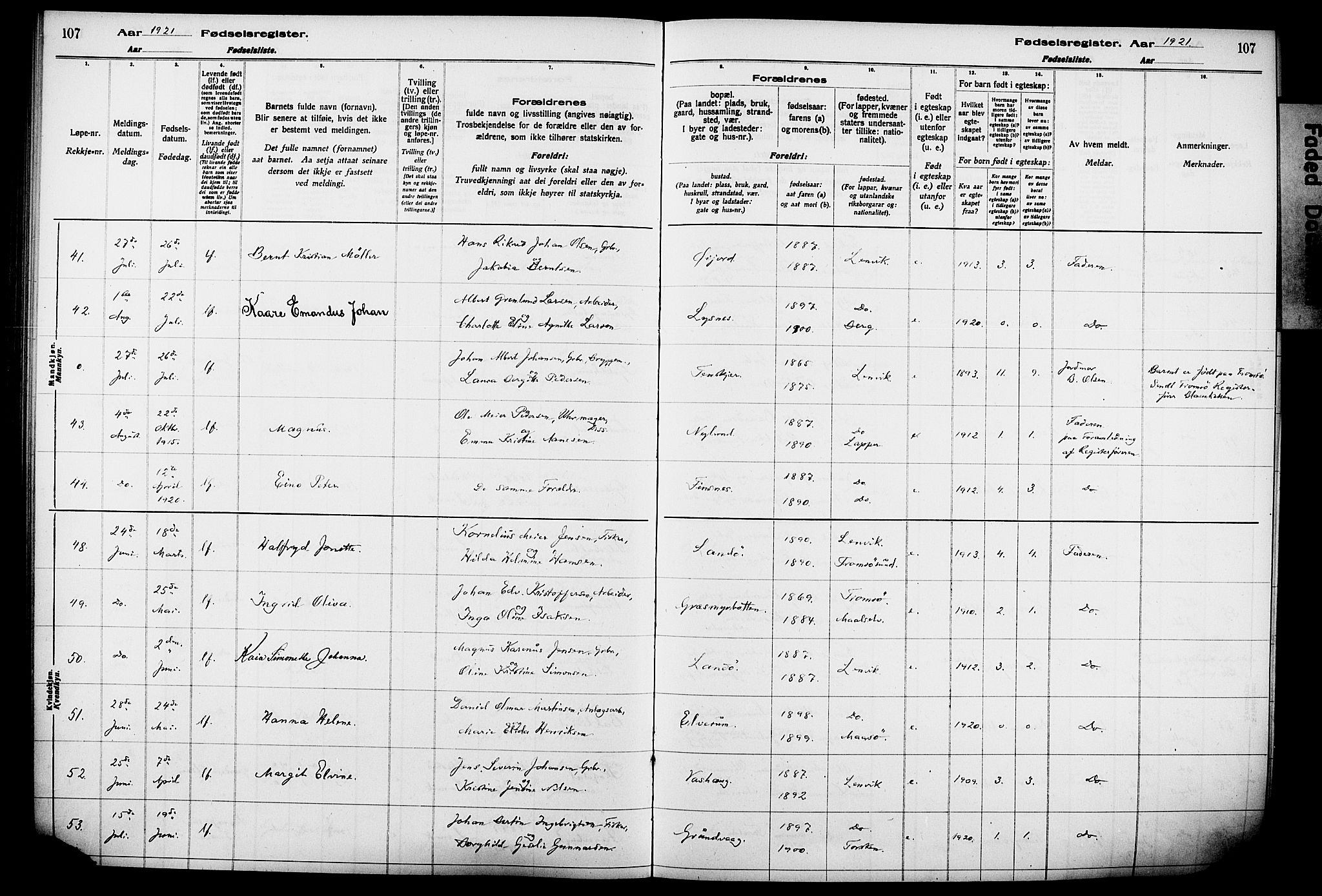 Lenvik sokneprestembete, AV/SATØ-S-1310/I/Ic/L0089: Fødselsregister nr. 89, 1916-1926, s. 107