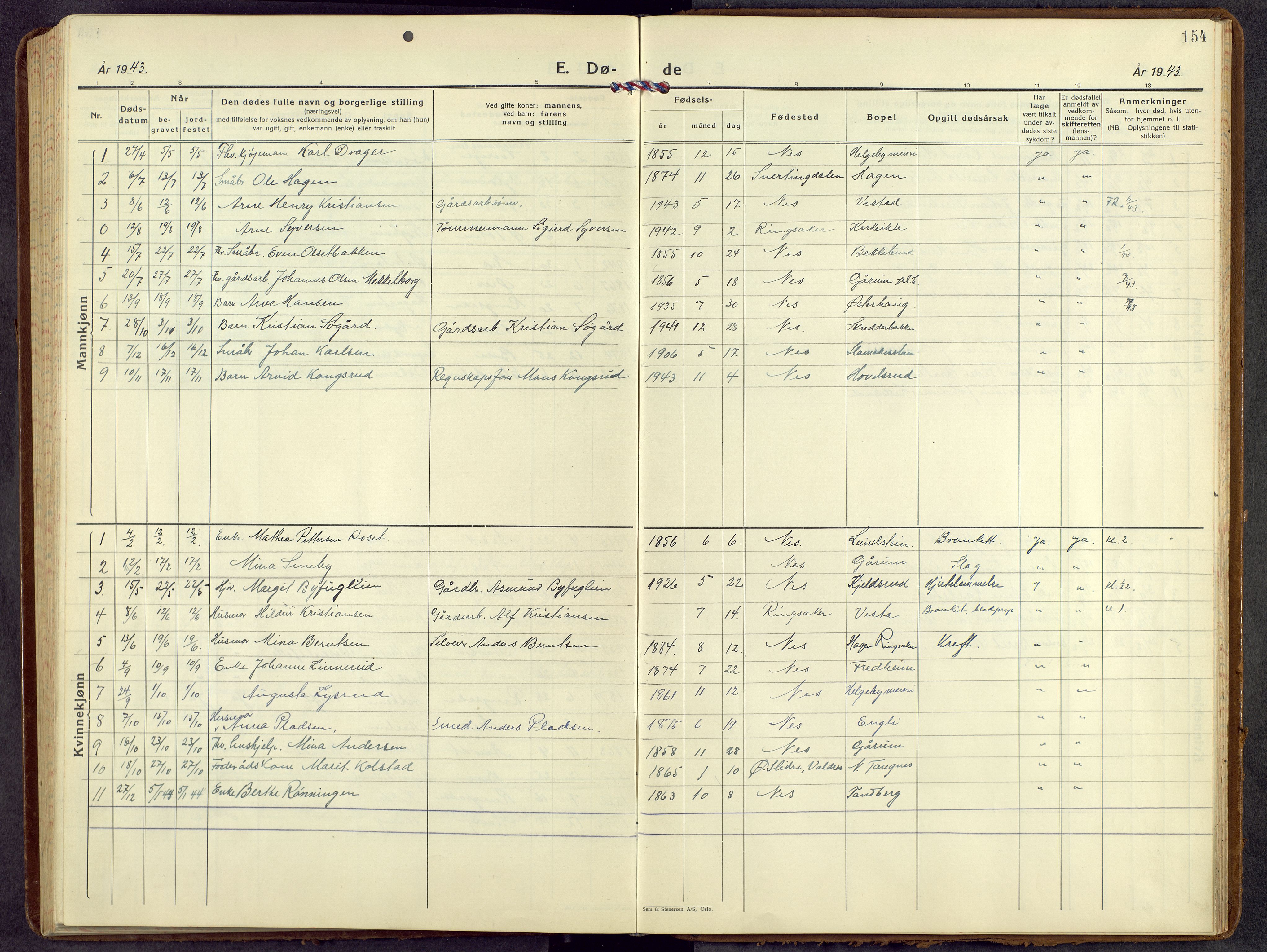 Nes prestekontor, Hedmark, AV/SAH-PREST-020/L/La/L0012: Klokkerbok nr. 12, 1936-1958, s. 154