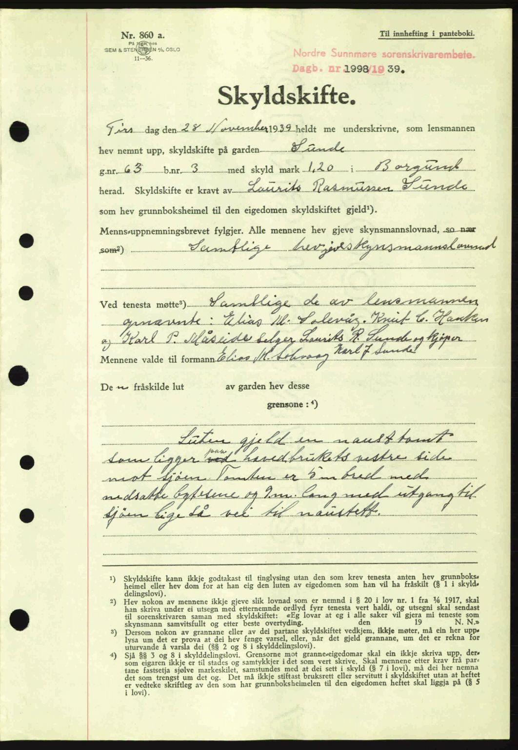 Nordre Sunnmøre sorenskriveri, AV/SAT-A-0006/1/2/2C/2Ca: Pantebok nr. A8, 1939-1940, Dagboknr: 1998/1939