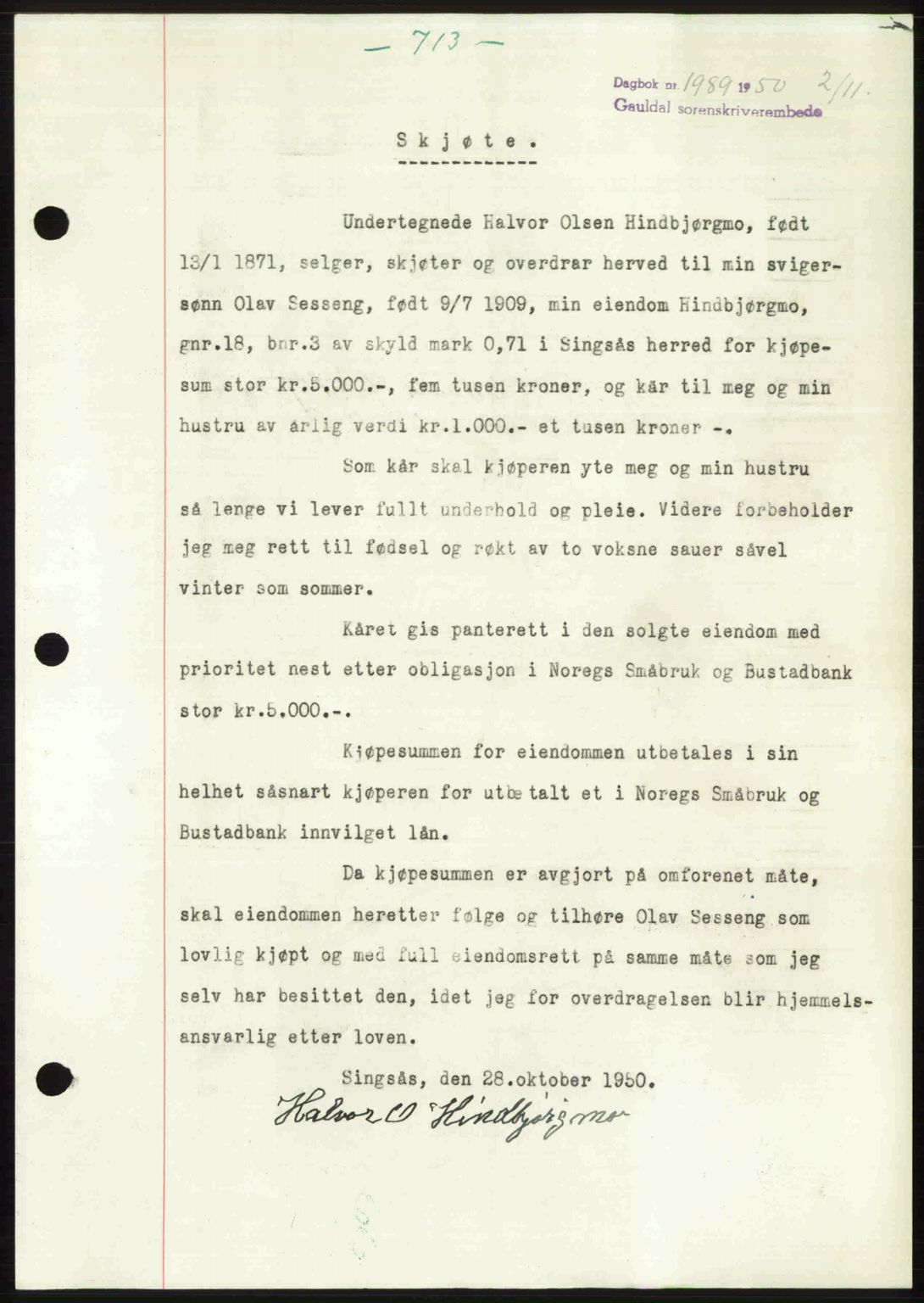 Gauldal sorenskriveri, SAT/A-0014/1/2/2C: Pantebok nr. A11, 1950-1950, Dagboknr: 1989/1950