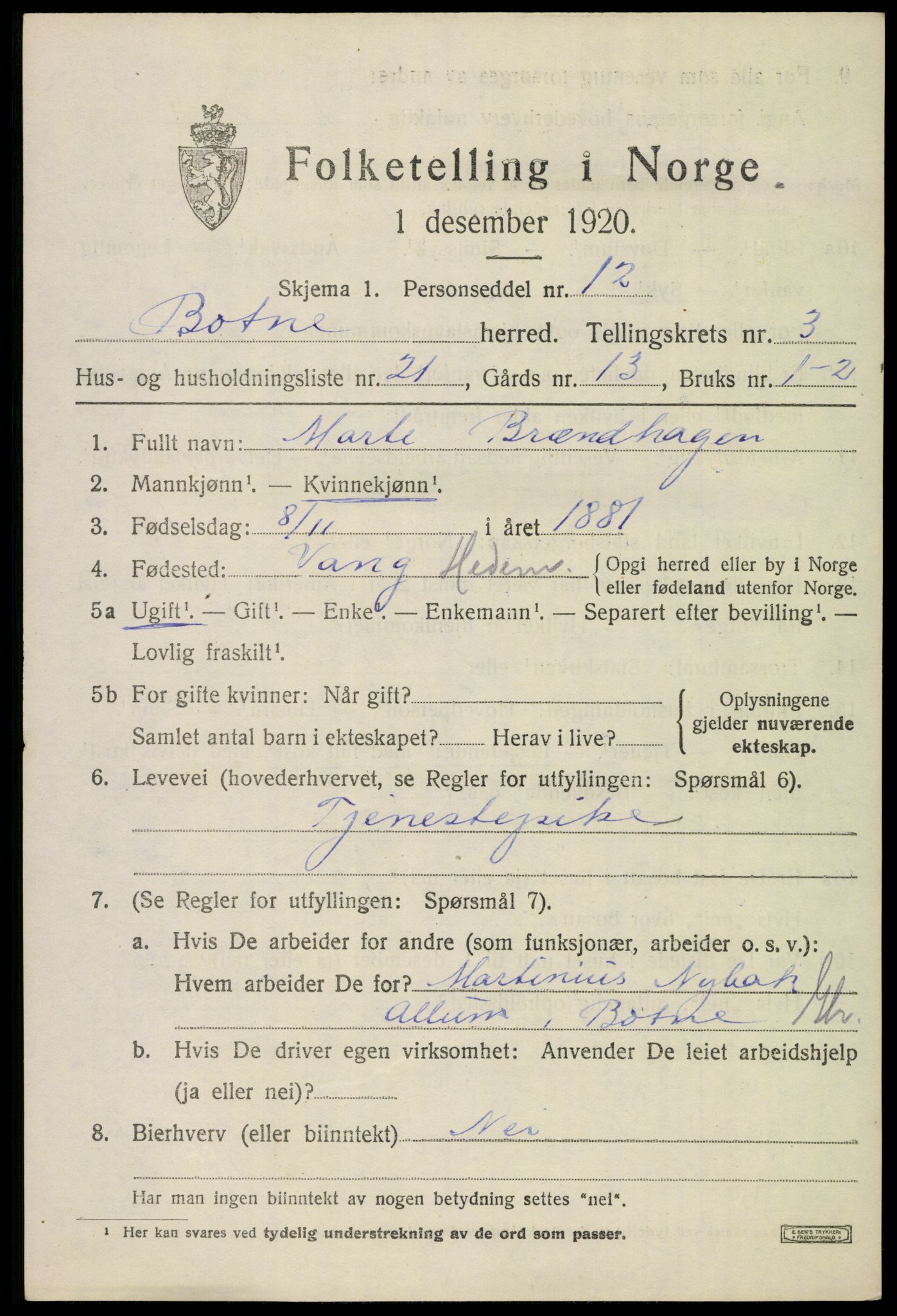 SAKO, Folketelling 1920 for 0715 Botne herred, 1920, s. 3331