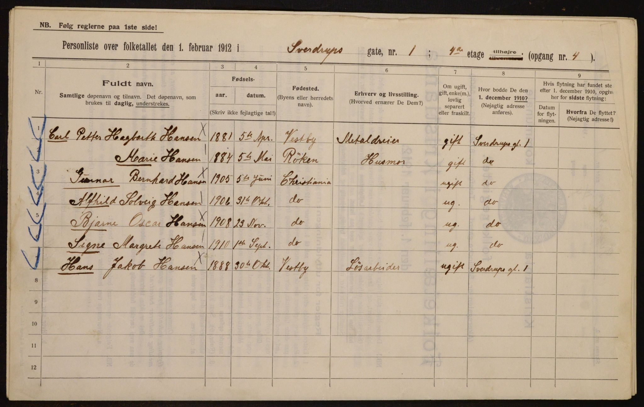 OBA, Kommunal folketelling 1.2.1912 for Kristiania, 1912, s. 104861