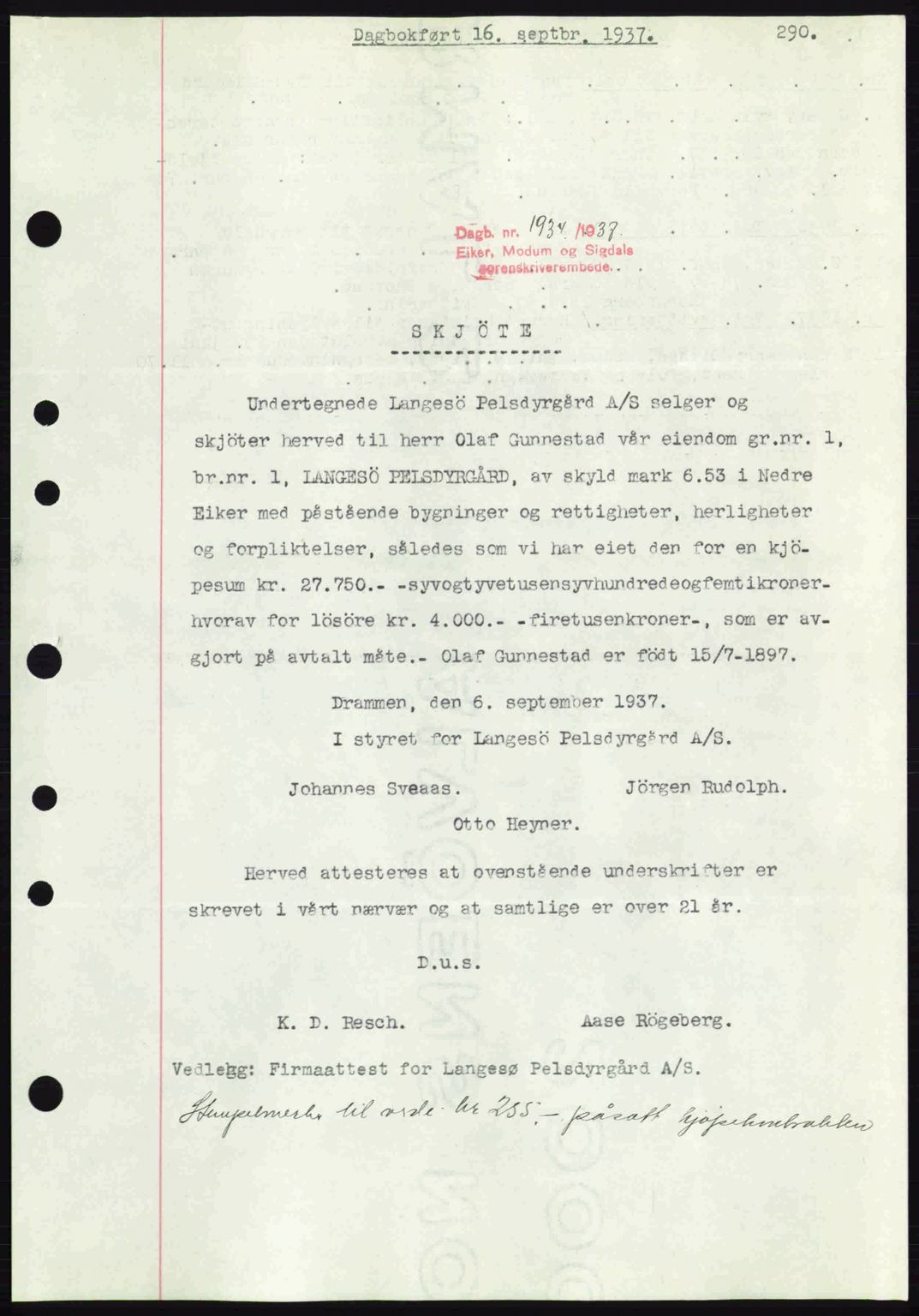 Eiker, Modum og Sigdal sorenskriveri, SAKO/A-123/G/Ga/Gab/L0036: Pantebok nr. A6, 1937-1937, Dagboknr: 1934/1937