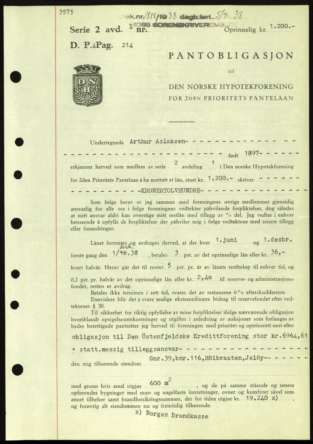 Moss sorenskriveri, SAO/A-10168: Pantebok nr. B6, 1938-1938, Dagboknr: 1888/1938