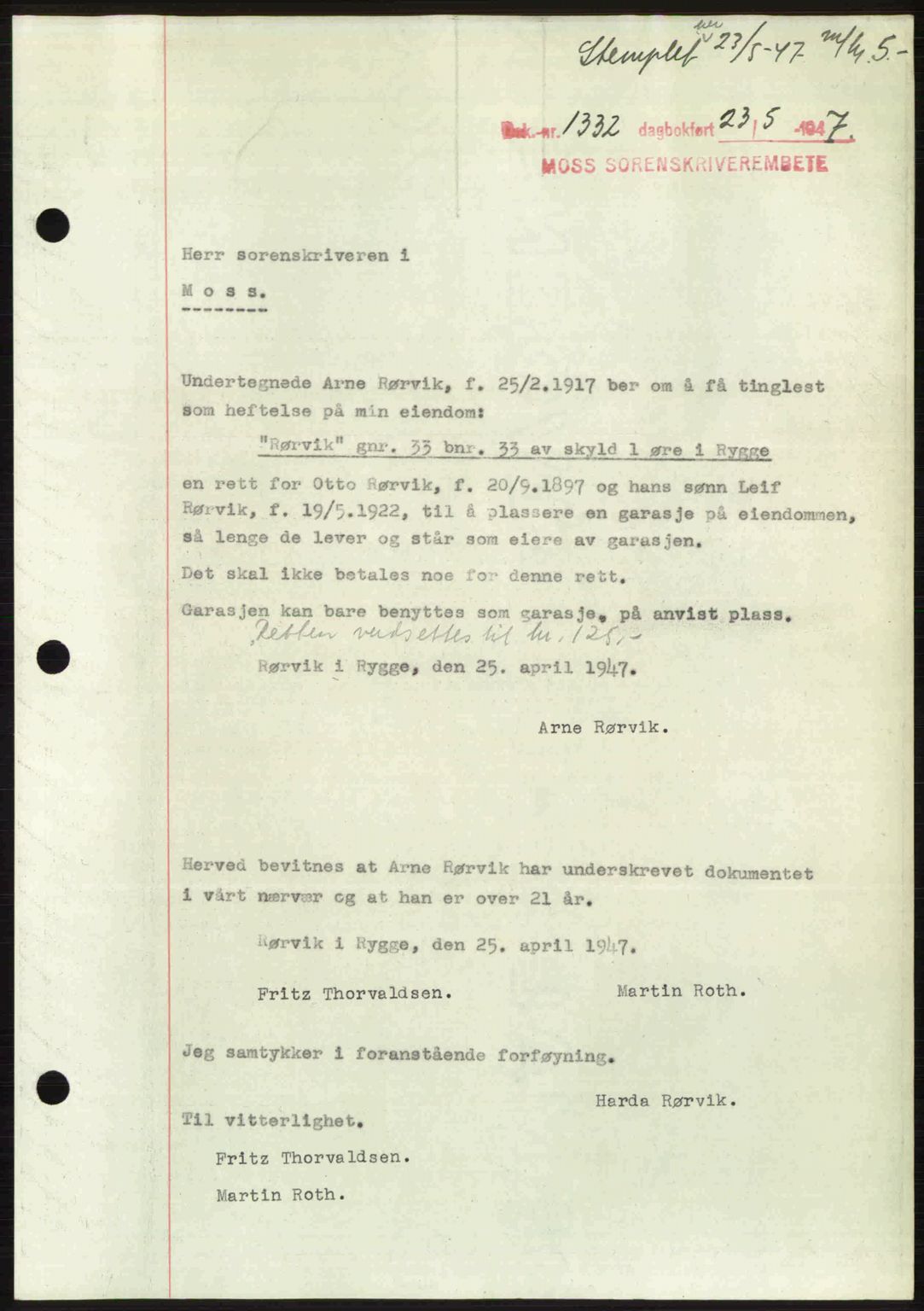 Moss sorenskriveri, SAO/A-10168: Pantebok nr. A17, 1947-1947, Dagboknr: 1332/1947