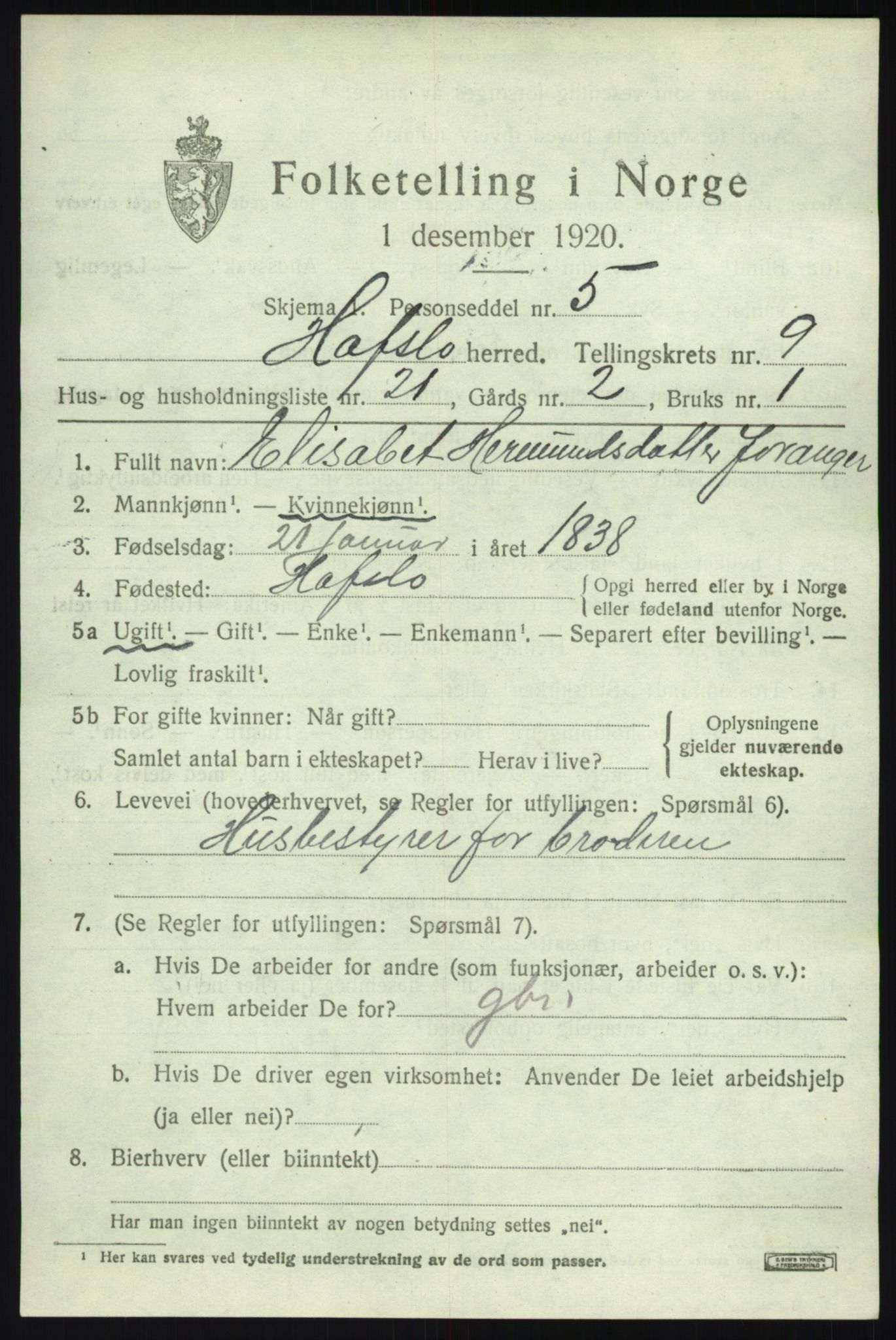 SAB, Folketelling 1920 for 1425 Hafslo herred, 1920, s. 6520