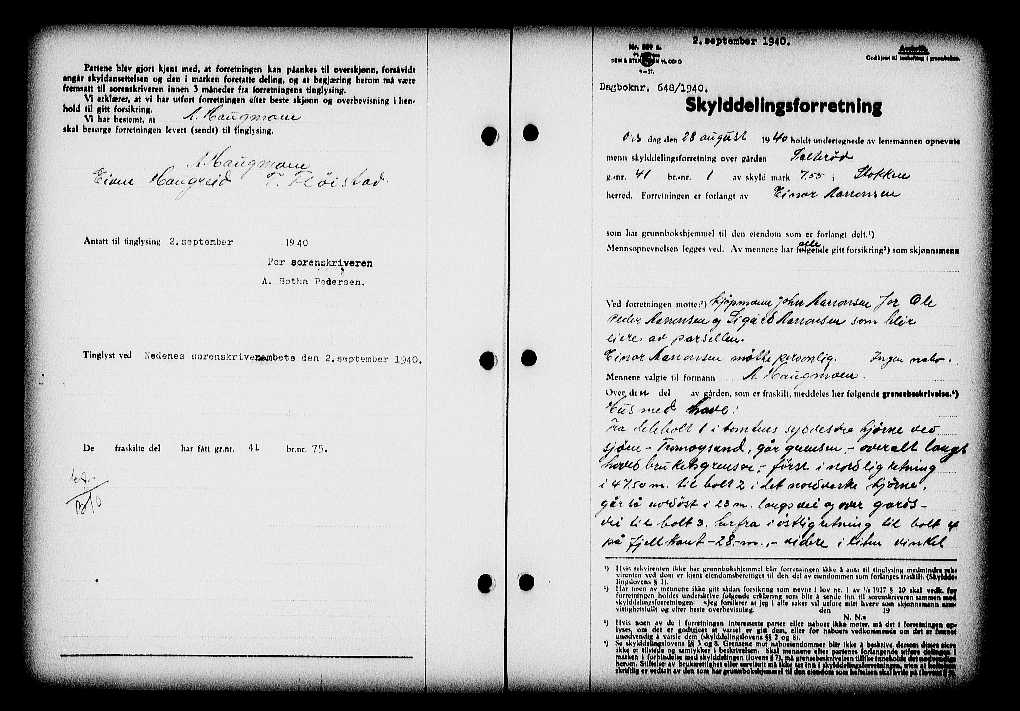 Nedenes sorenskriveri, AV/SAK-1221-0006/G/Gb/Gba/L0047: Pantebok nr. A-I, 1939-1940, Dagboknr: 648/1940