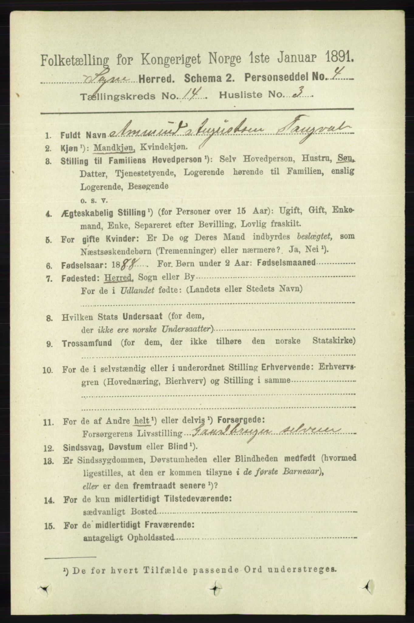 RA, Folketelling 1891 for 1018 Søgne herred, 1891, s. 3416