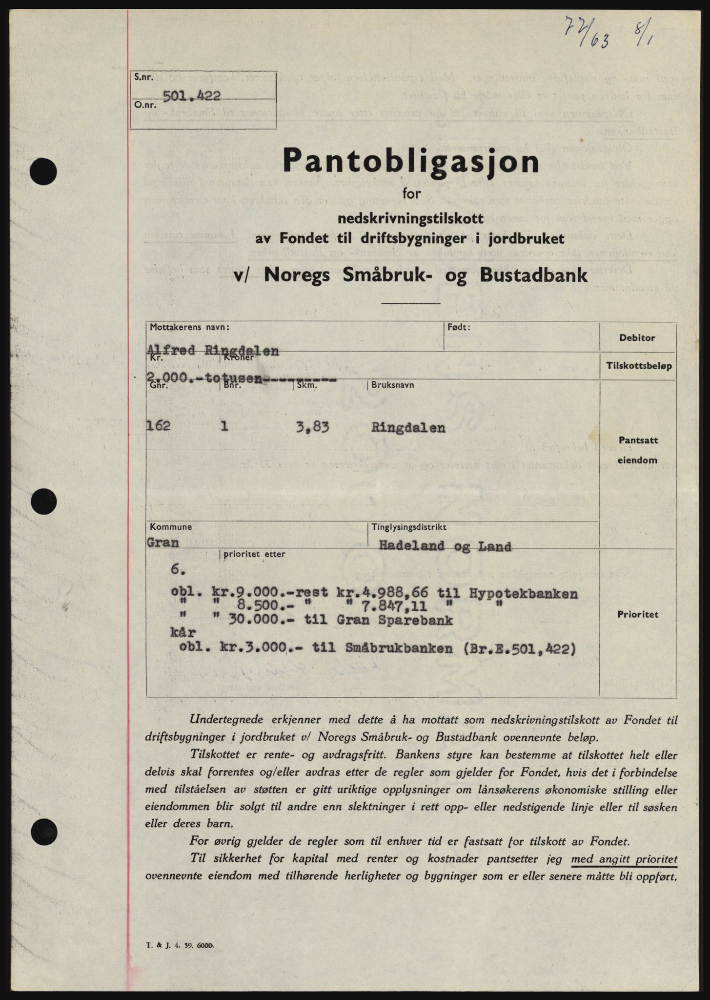 Hadeland og Land tingrett, SAH/TING-010/H/Hb/Hbc/L0050: Pantebok nr. B50, 1962-1963, Dagboknr: 77/1963