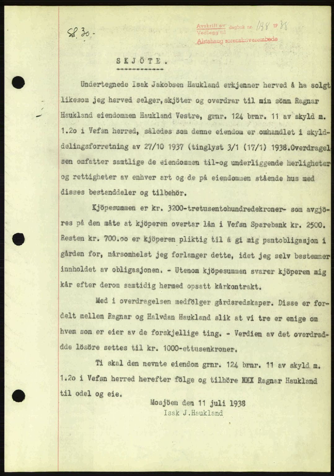 Alstahaug sorenskriveri, SAT/A-1009: Pantebok nr. A3, 1937-1938, Dagboknr: 1138/1938