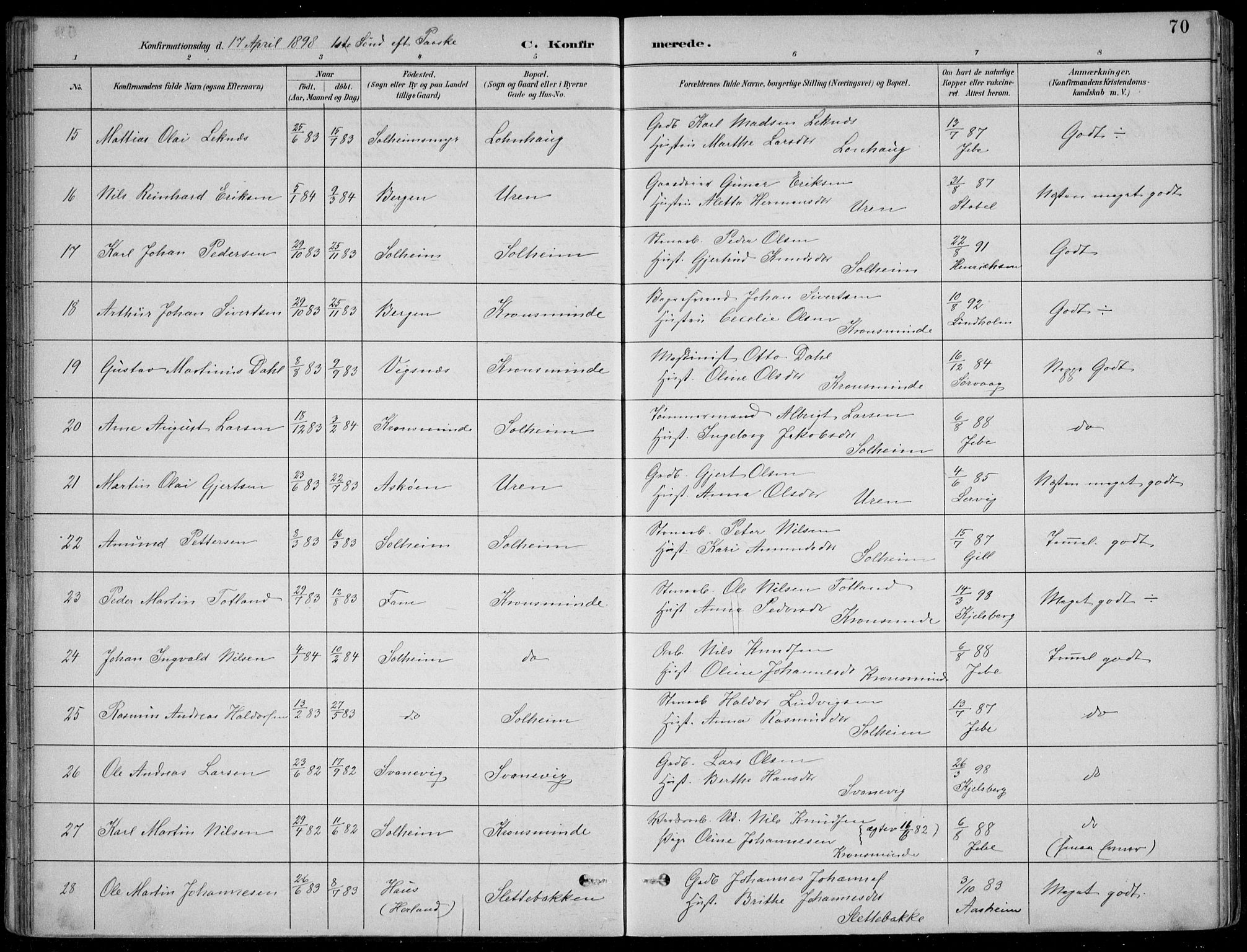 Årstad Sokneprestembete, AV/SAB-A-79301/H/Hab/L0011: Klokkerbok nr. B 1, 1886-1901, s. 70