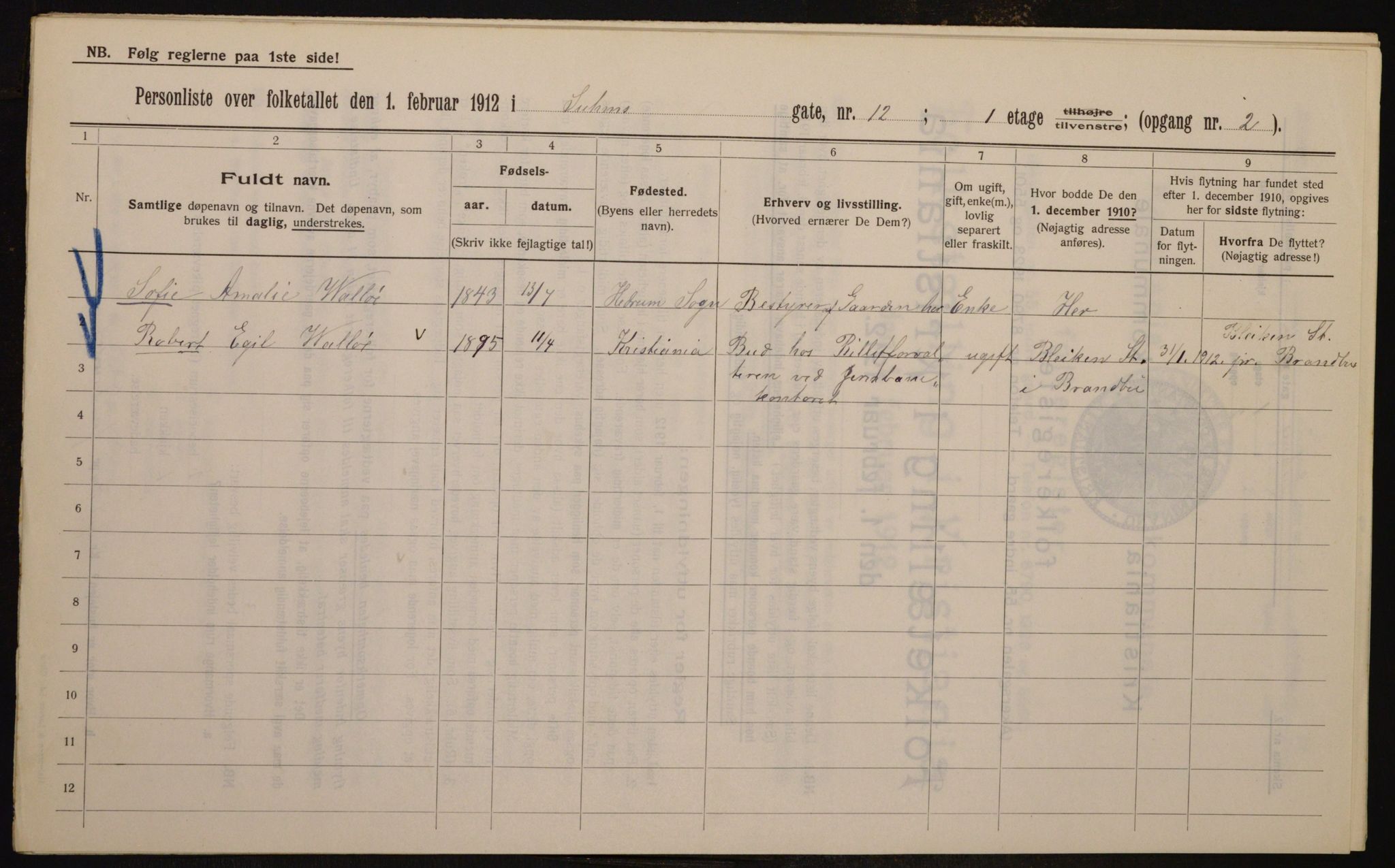 OBA, Kommunal folketelling 1.2.1912 for Kristiania, 1912, s. 104637