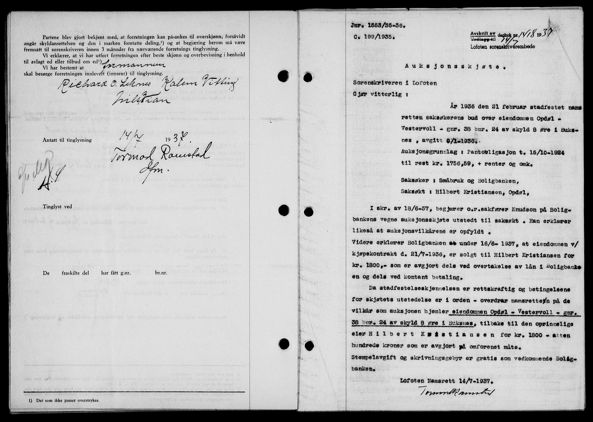 Lofoten sorenskriveri, SAT/A-0017/1/2/2C/L0002a: Pantebok nr. 2a, 1937-1937, Dagboknr: 1418/1937