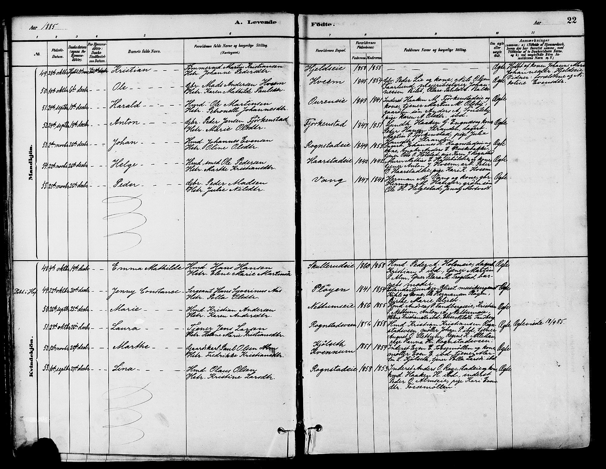 Østre Toten prestekontor, AV/SAH-PREST-104/H/Ha/Haa/L0007: Ministerialbok nr. 7, 1881-1896, s. 22