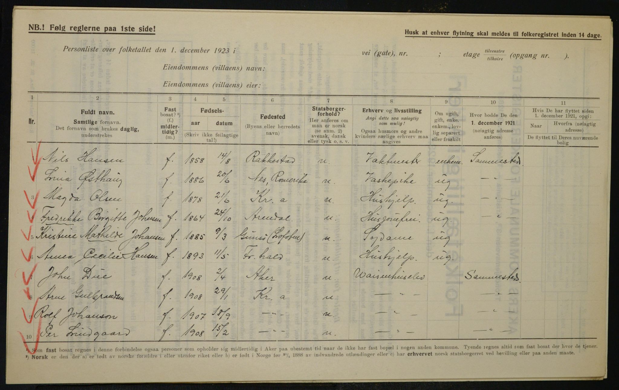 , Kommunal folketelling 1.12.1923 for Aker, 1923, s. 20272