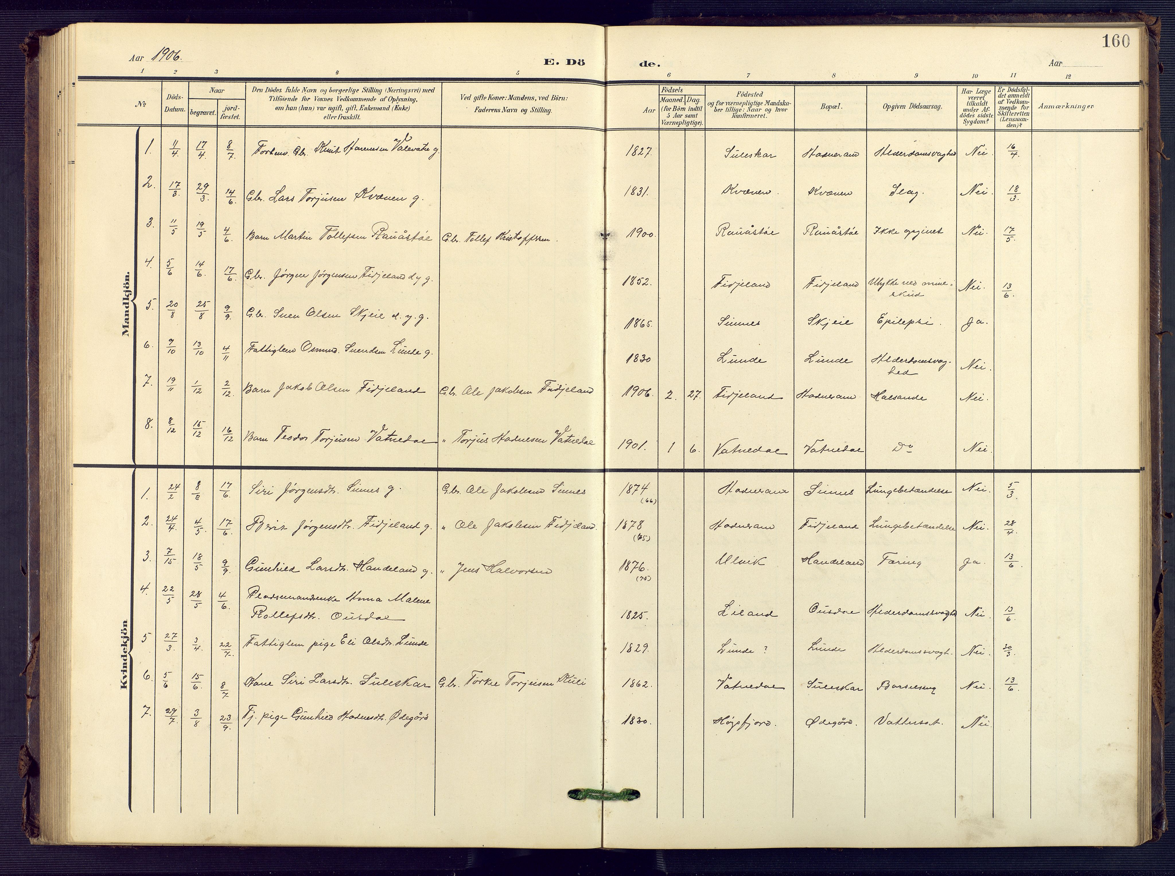 Sirdal sokneprestkontor, SAK/1111-0036/F/Fb/Fba/L0002: Klokkerbok nr. B 2, 1905-1958, s. 160