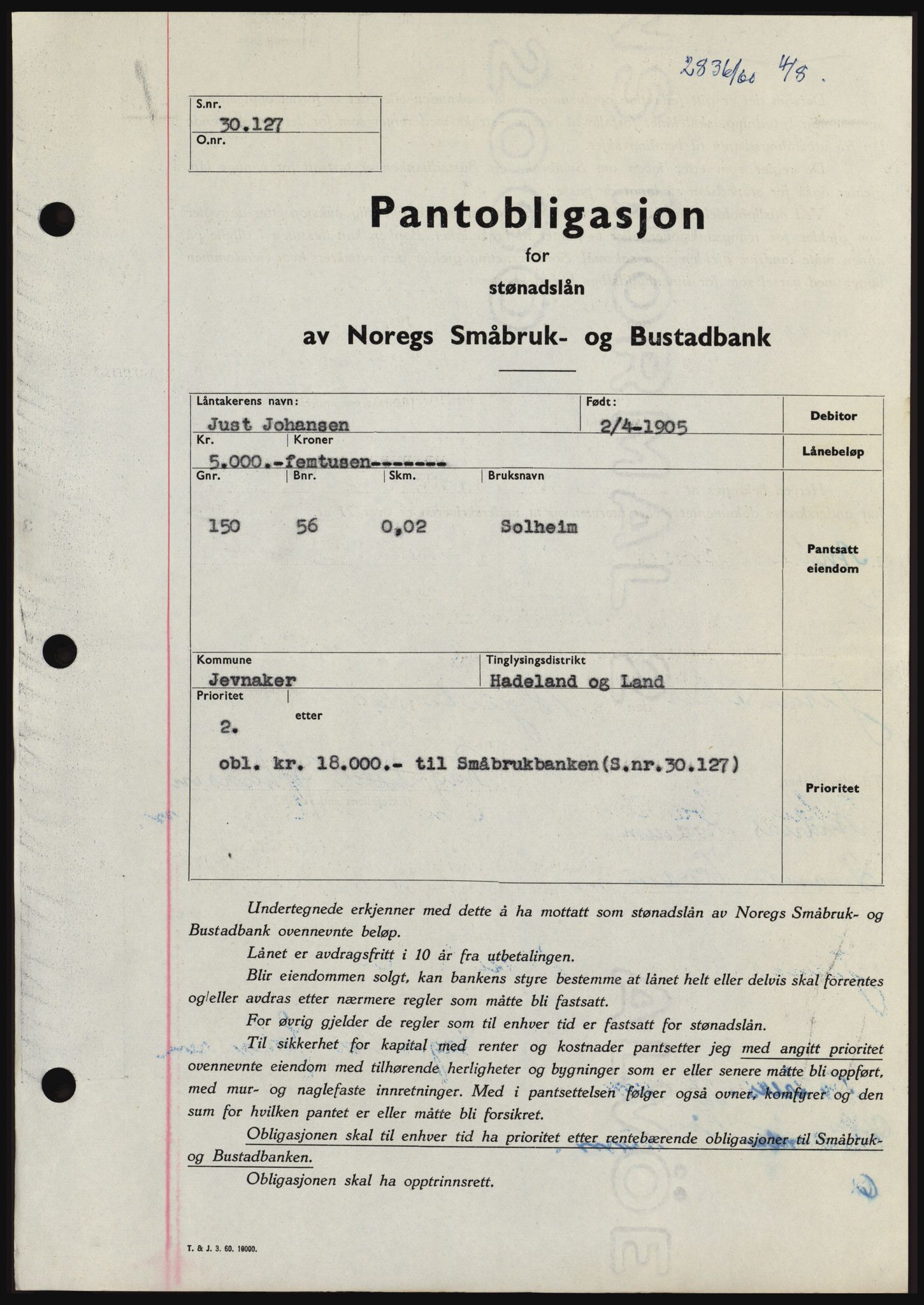 Hadeland og Land tingrett, SAH/TING-010/H/Hb/Hbc/L0043: Pantebok nr. B43, 1960-1960, Dagboknr: 2836/1960