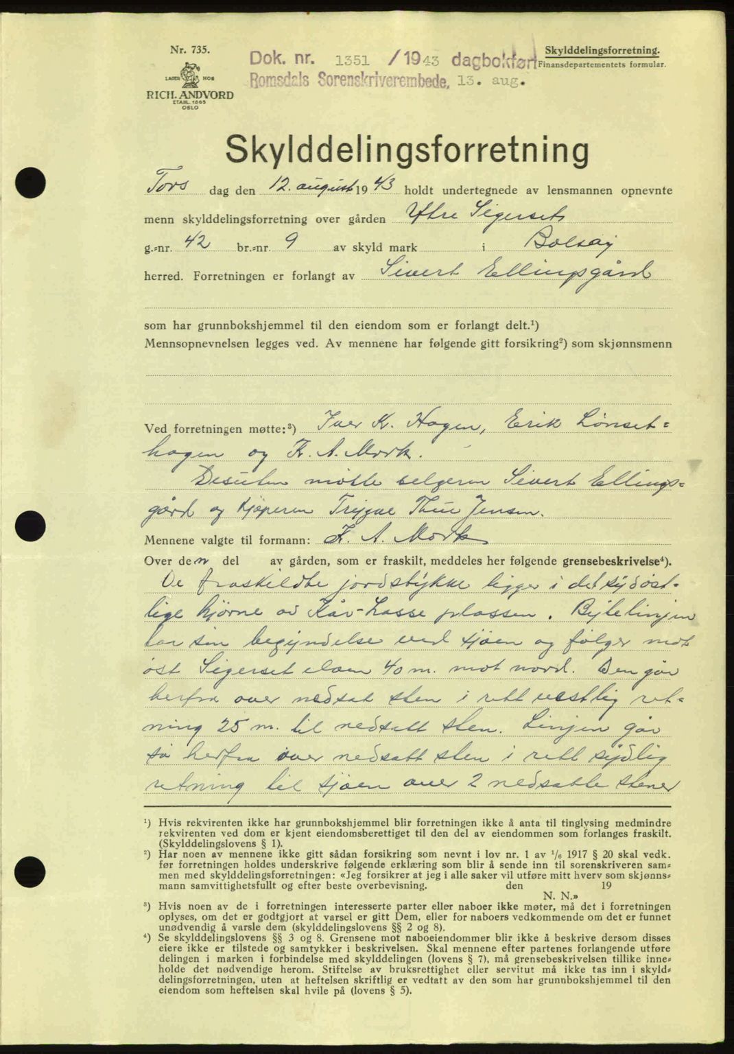 Romsdal sorenskriveri, SAT/A-4149/1/2/2C: Pantebok nr. A14, 1943-1943, Dagboknr: 1351/1943
