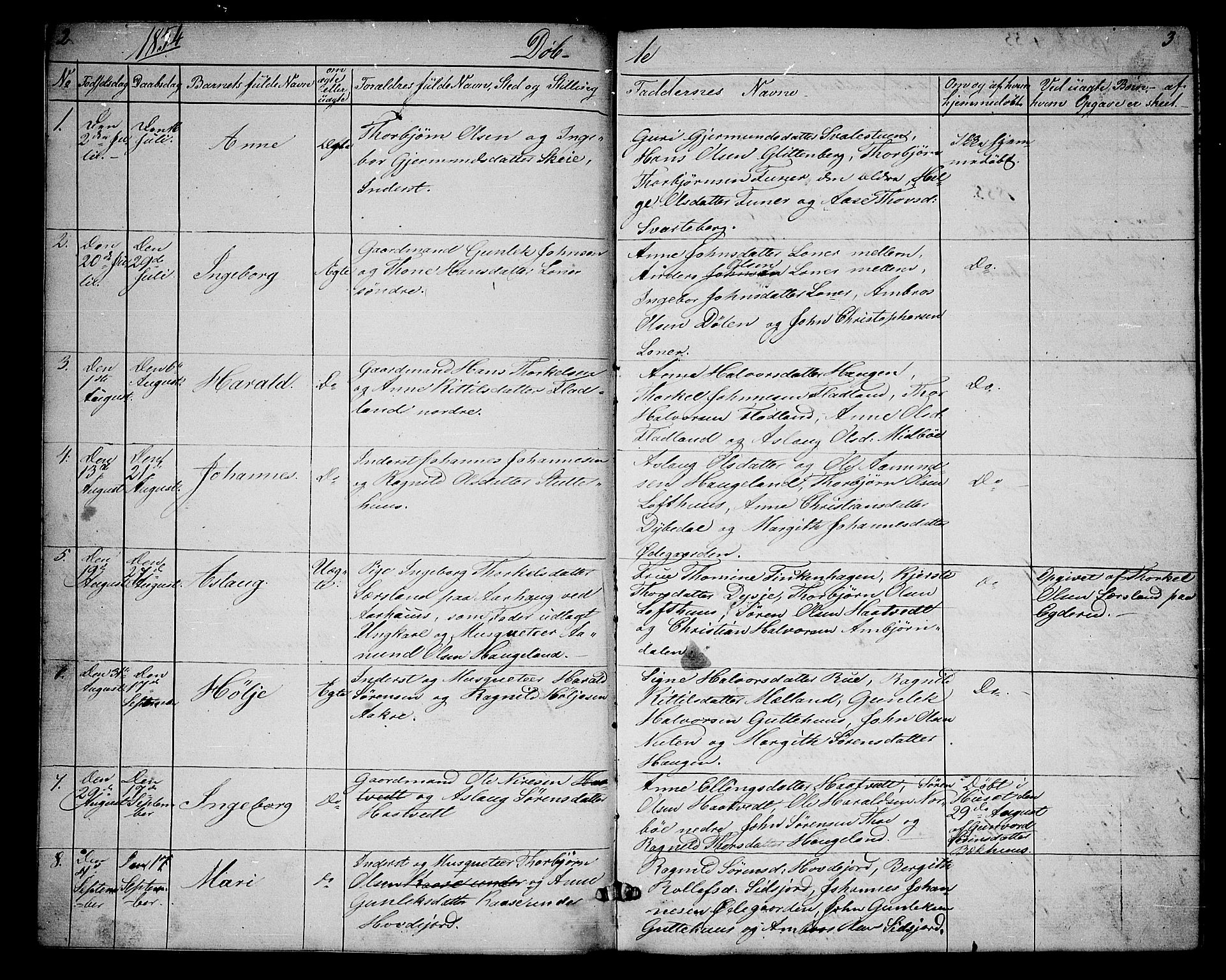Hjartdal kirkebøker, AV/SAKO-A-270/G/Ga/L0002: Klokkerbok nr. I 2, 1854-1888, s. 2-3